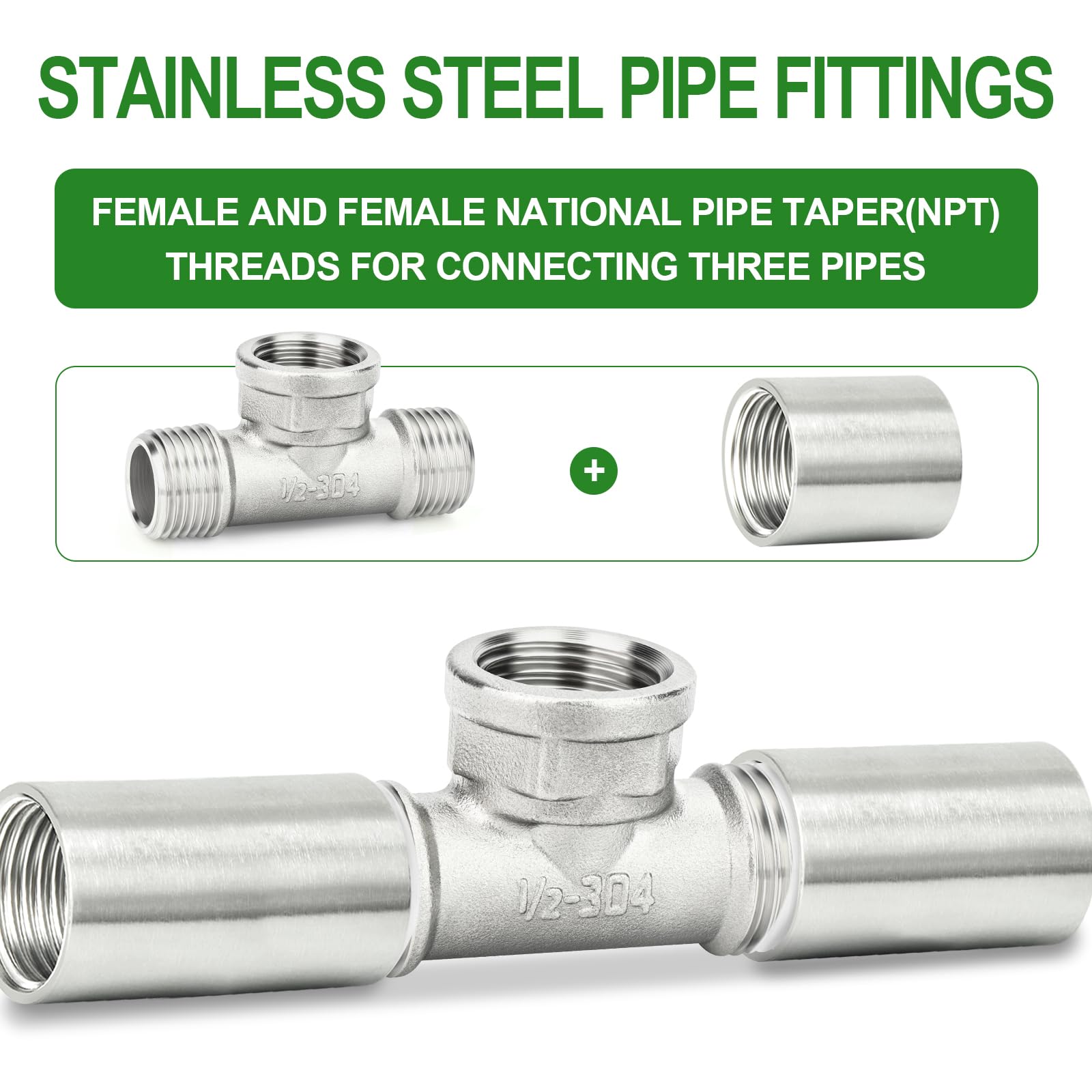 Stainless Steel 304 Equal Tee Block – 1/2" FNPT X 1/2" FNPT X 1/2" FNPT Threaded Fitting – Forged, High Pressure (20 MPa), 1 Piece