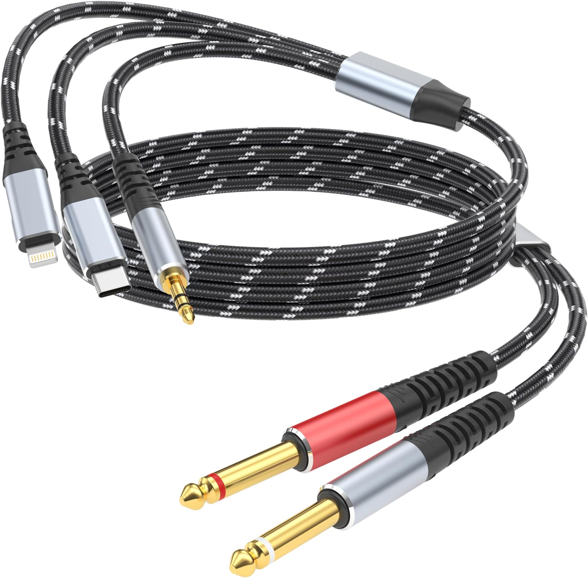 Lightning to Dual 6.35mm 1/4" TS Mono Stereo Y-Cable Splitter,3 in 1 to Dual 1/4-inch Audio Cable, Compatible with smartphones, computers, phones/Pads Amplifiers,speakers,headphones,mixing consoles