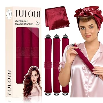 TULOBI 3 Pcs Heatless Curls Overnight - Upgraded Velvet Heatless Hair Curler with Velcro Fastener, Overnight Jumbo Blowout Rods, Hair Curlers to Sleep in for All Hair Types Burgundy