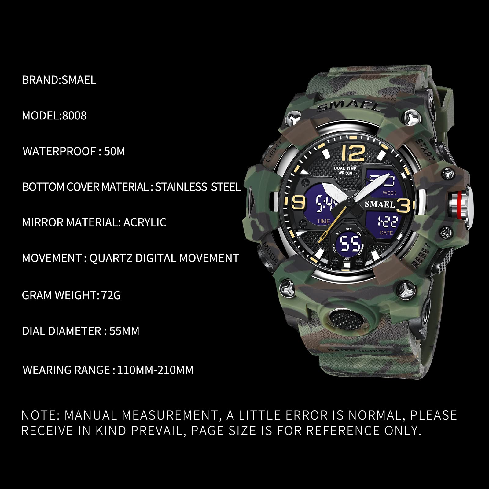 SMAEL 8008 Reloj de cuarzo deportivo resistente al agua, reloj de camuflaje de color dual digital (camuflaje verde), Camuflaje Verde