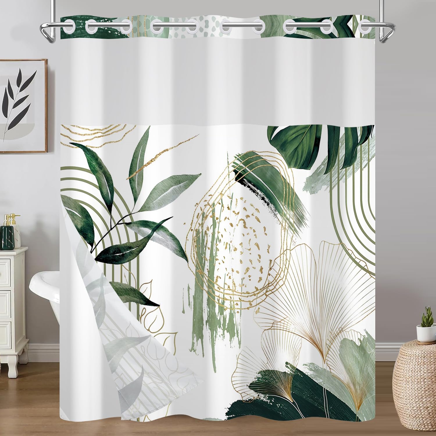 No Hook Shower Curtain with Snap in Fabric Liner Set, Boho Sage Green Botanical Double Layers Waterproof Shower Curtain with See Through Top Window, Hotel Style Bathroom Decor, 71x74 Inch