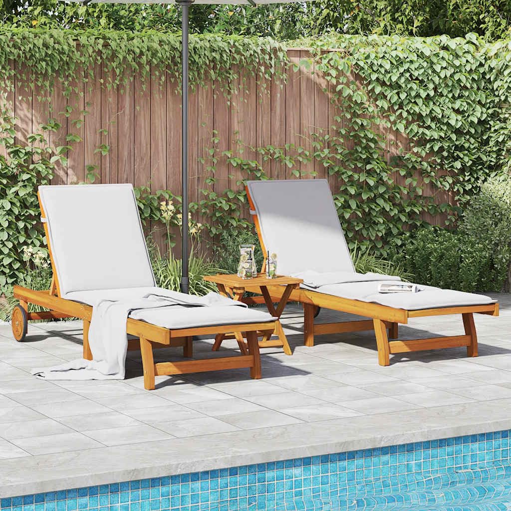Lettini Prendisole con Tavolino 2pz in Legno Massello di Acacia per Giardino, Piscina e Terrazza, Solarium Relax con Cuscino Imbottito, Letto da Sole Pieghevole Regolabile agli Agenti Atmosferici