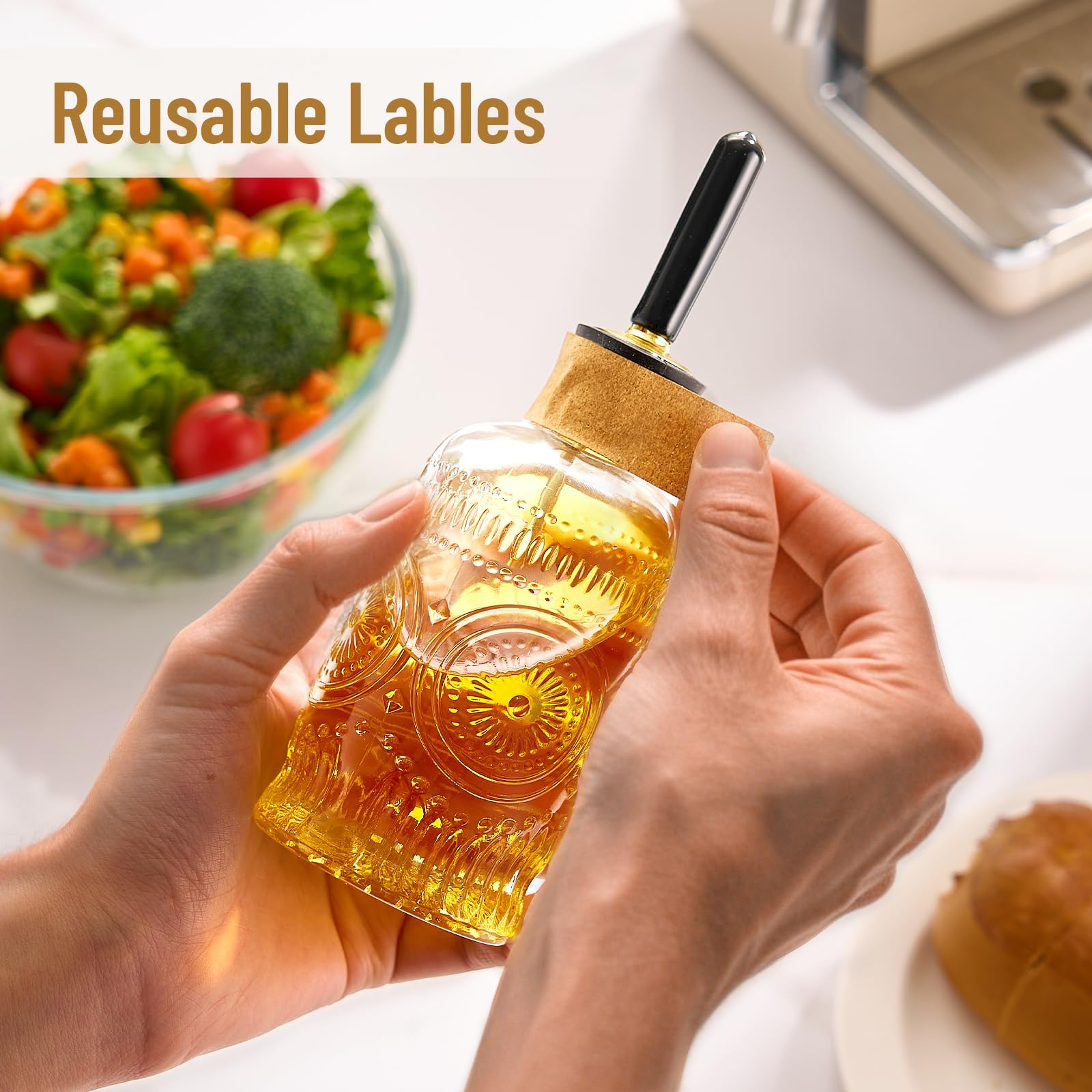 Baalaka Botella dispensadora de aceite de oliva para cocina con boquilla de metal, botellas de aceite de vidrio de 7 onzas, elegante dispensador de aceite de cocina de vidrio para jugo de cocina,