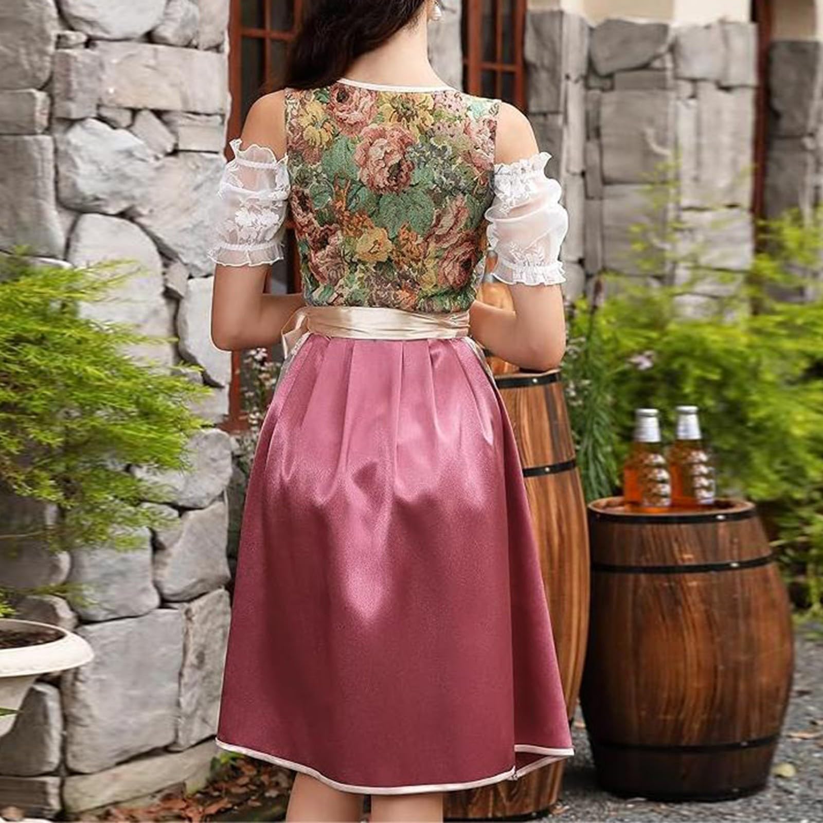 Dirndl Damen Midi Oktoberfest Outfit Komplettsets Trachtenmode Trachtenrock Kleid inkl. Dirndlbluse Dirndlschürze 3 teilig für Oktoberfest Besondere Anlässe Grün Rot Rosa Blau