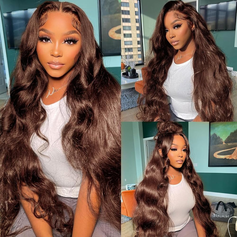 Chocolate Brown Lace Front Wig Human Hair 200 Density Body Wave 13x6 Hd Lace Front Wigs Human Hair Pre Plucked 4# Brown Wig Human Hair Colored Wigs 32 Inch for Women
