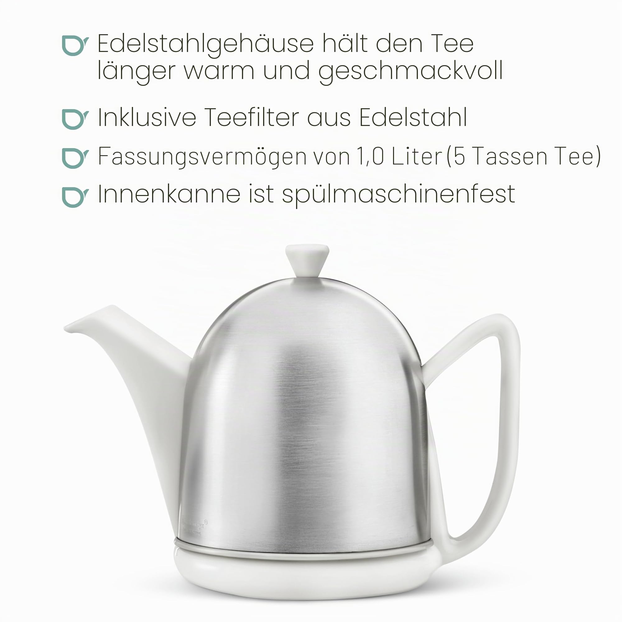 Bredemeijer kleine weiße matte Keramik Teekanne 1.0 Liter mit Edelstahlhaube