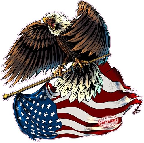 Calcomanía de bandera americana con águila con asta de bandera (6 x 6 pulgadas)