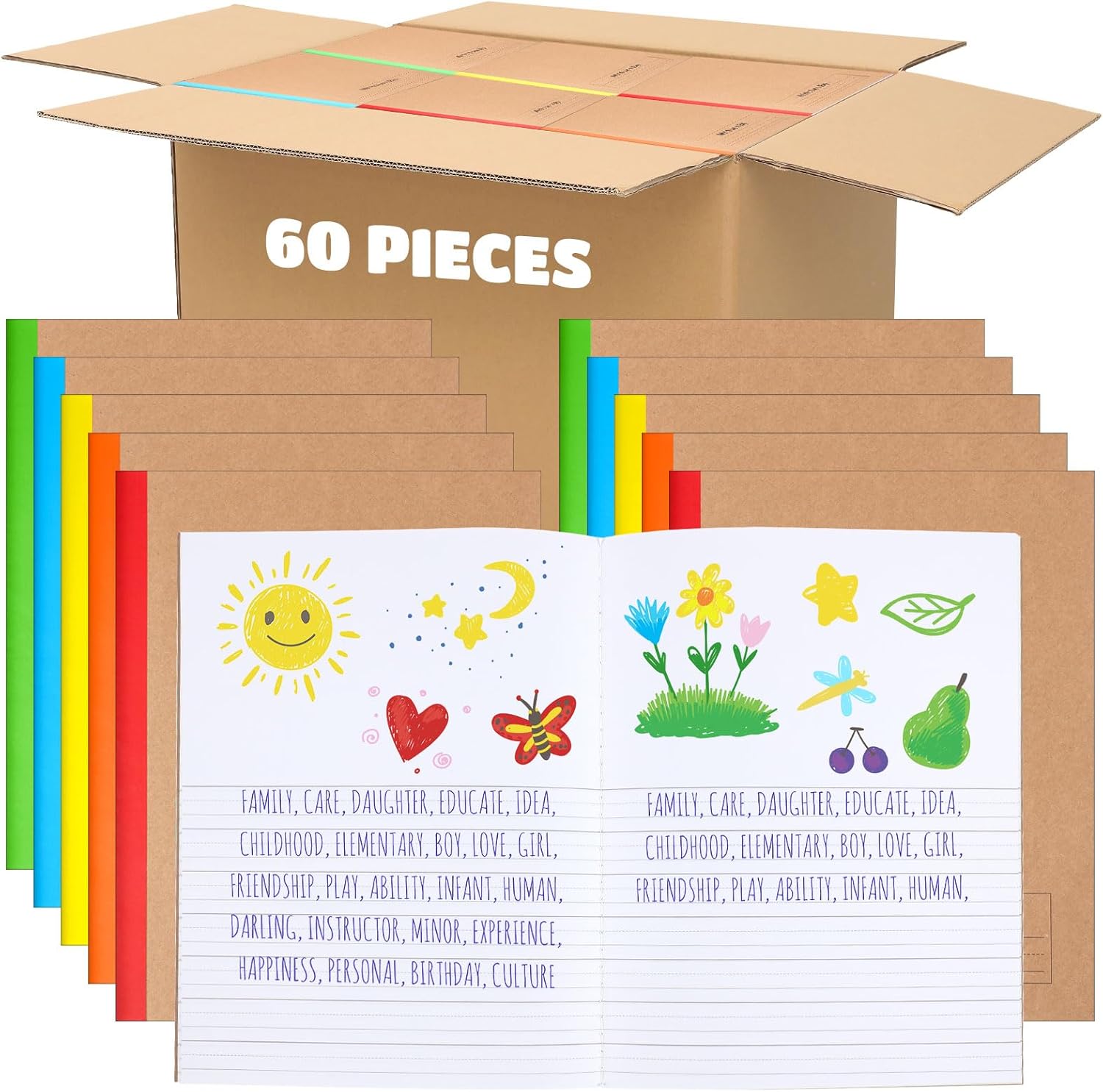 Henoyso 60 Pack Bulk Primary Composition Notebooks for Kids - Wide Ruled Journal with Picture Space, 60 Pages, Rainbow Spine, 9.75 x 7.5 in for Office, School, Journaling, Back to School Supplies