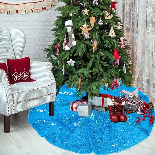 Miniatura 6 de Falda de árbol de Navidad azul de 48 pulgadas, falda de árbol de lentejuelas grande de 48 pulgadas, tapete redondo de Navidad, decoración de feliz