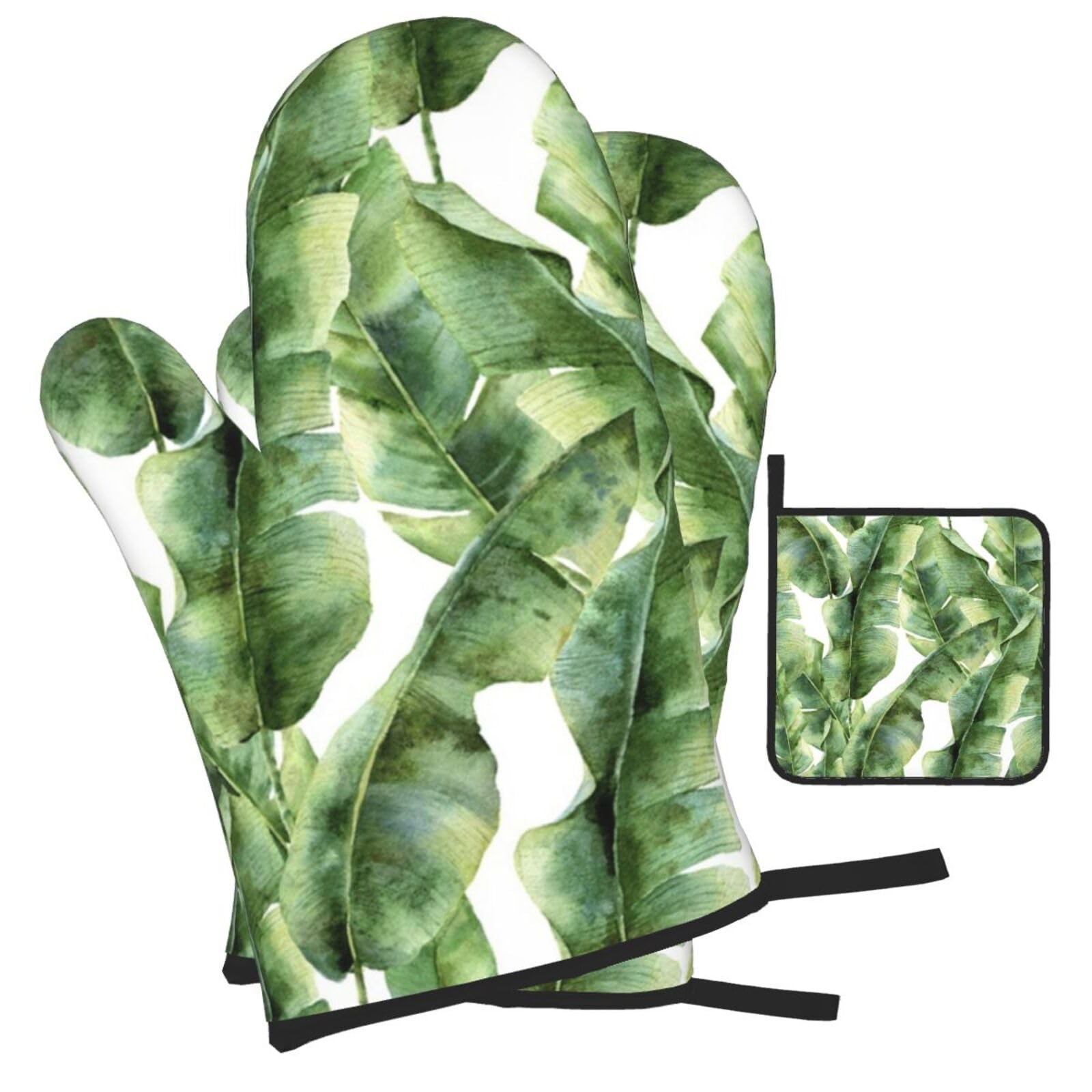Watercolor Banana Plant Printed Oven Mitts and Pot Holders Heat Resistant Set of 3 Pcs, Modern Kitchen Gloves & Potholders for Cooking Baking Grilling