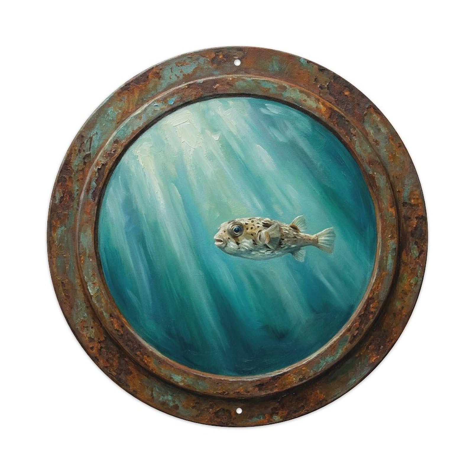 Vintage Porthole Pufferfish Floating Ship Window Under Deep Metal Tin Sign