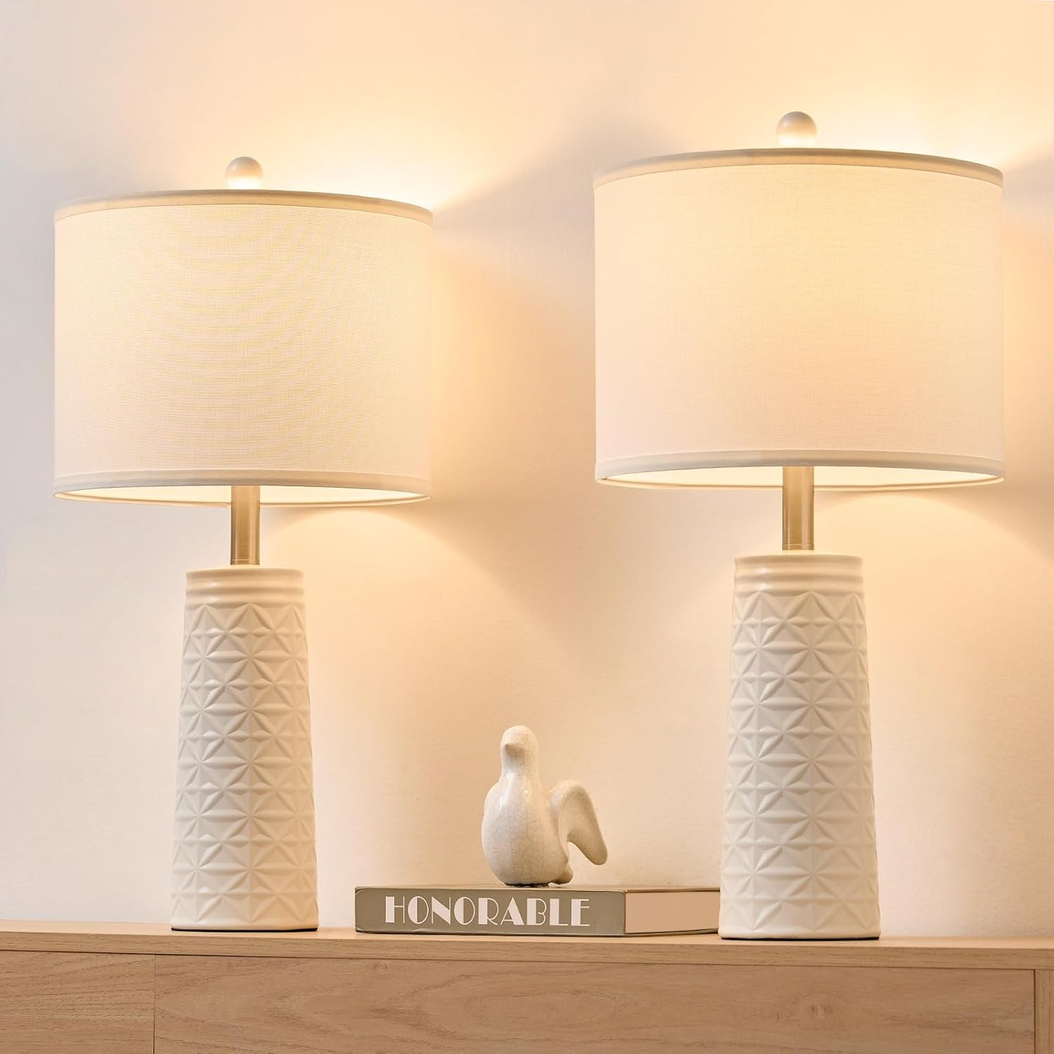 25.5" Modren Resin Table Lamp Set of 2, 3-Way Dimmable Lamps for Living Room, Farmhouse Bedside Lamp for Bedroom Nightstand, Beige White Lamps for End Table(Bulb Included)