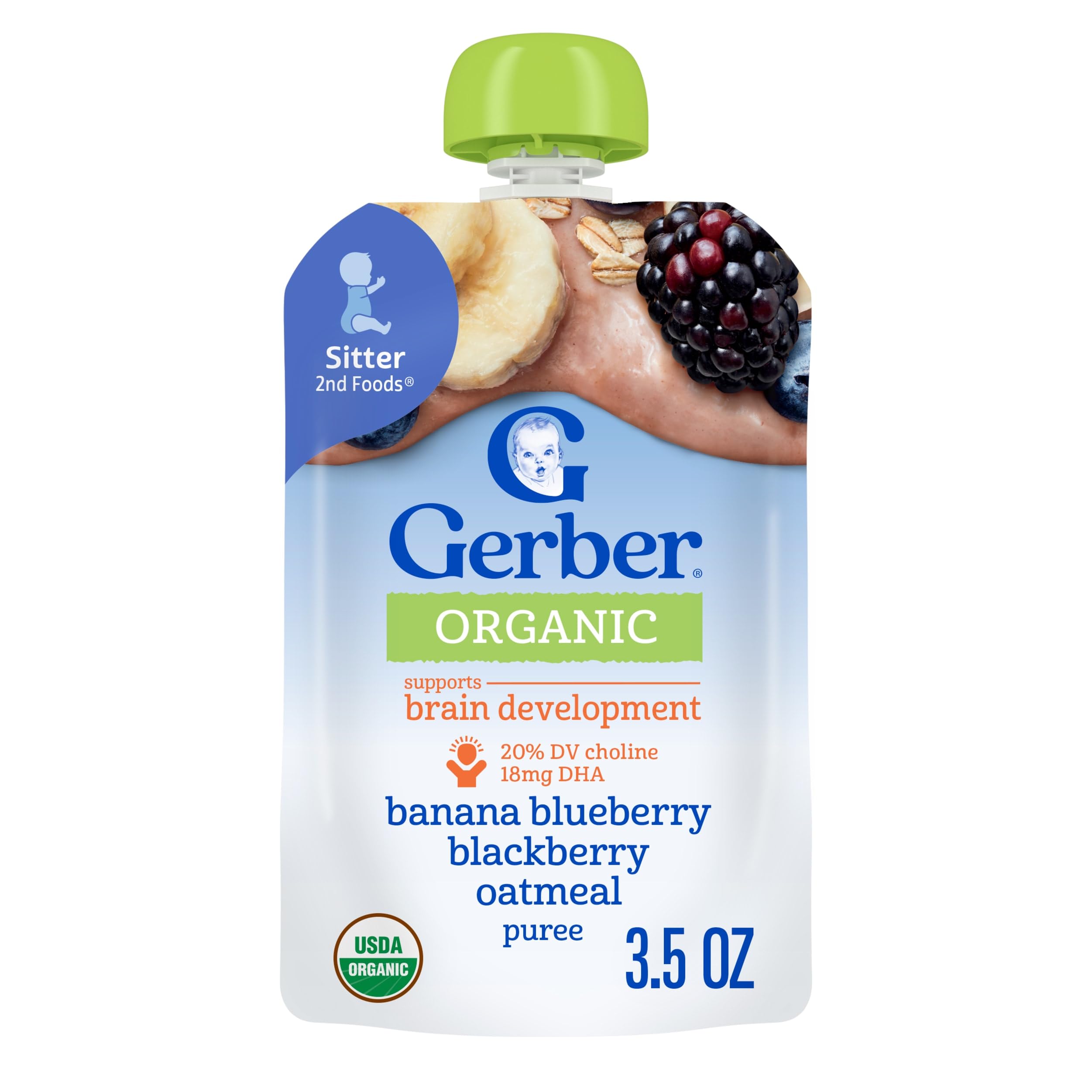 Gerber Stage 2 Baby Food, Organic Banana Blueberry Blackberry Oatmeal, Baby Puree, 12PKUSDA Organic