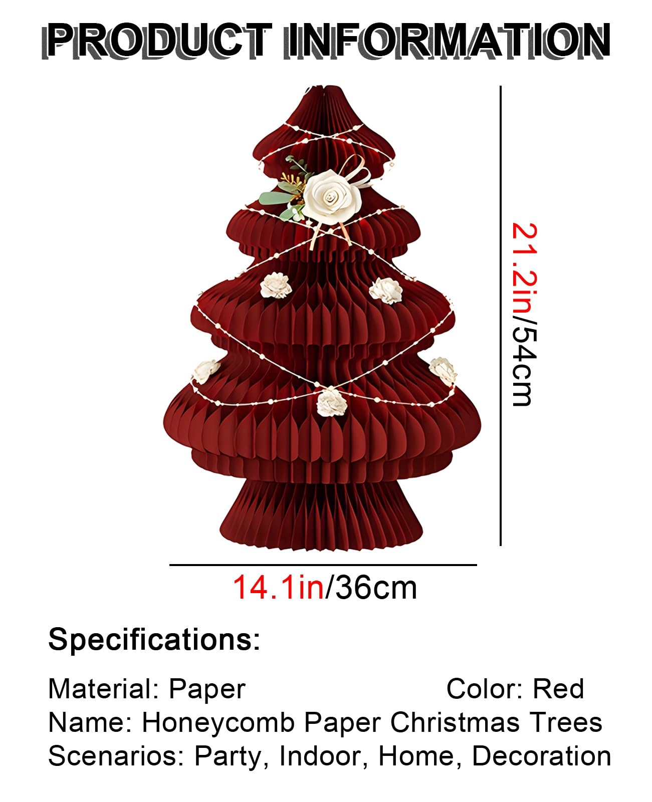 Árbol De Navidad De Papel Plegable Rojo, Árbol De Navidad En Forma De Panal, Árboles De Navidad para Fiesta En Casa(14.1x21.2 in)