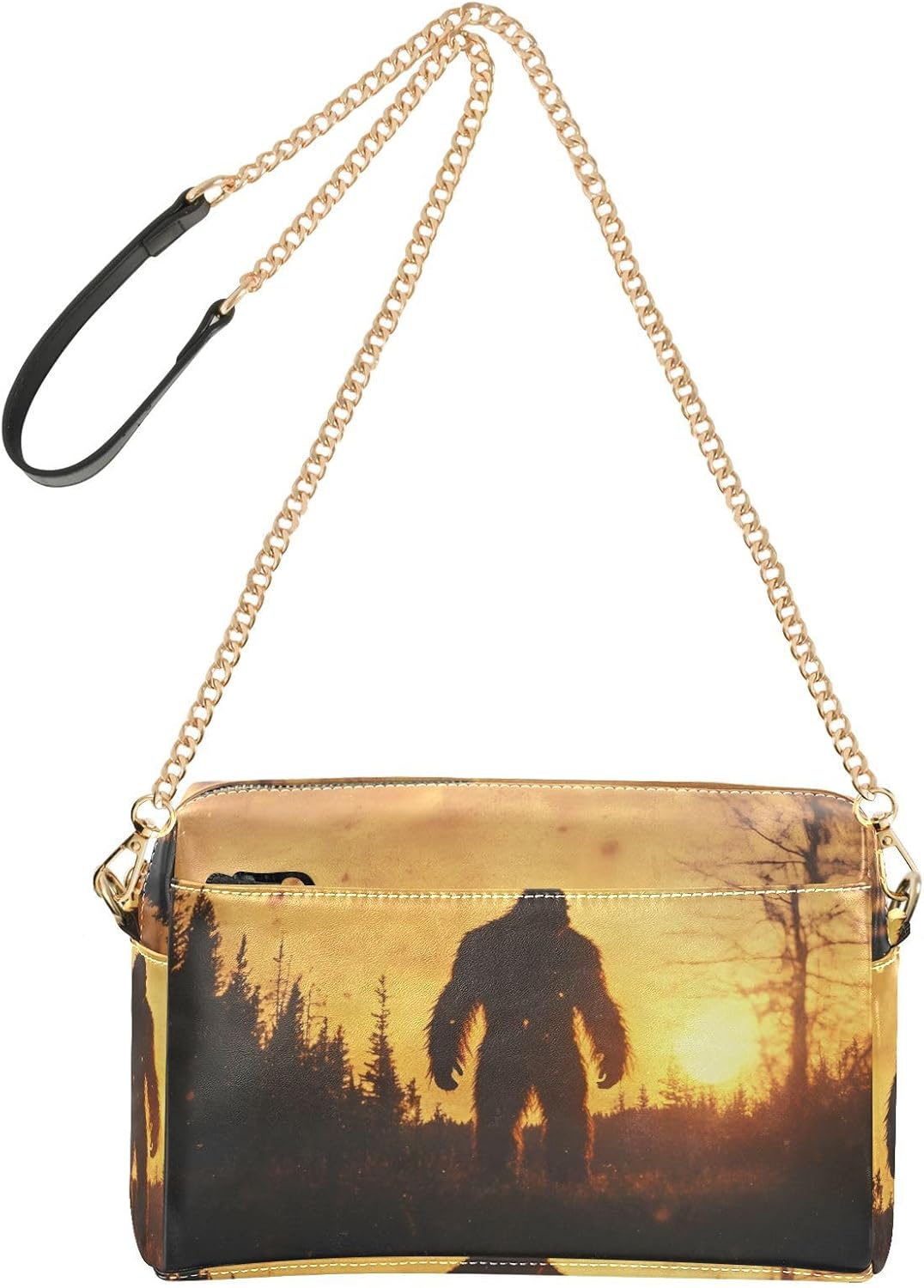 Women Crossbody Bag Shoulder Handbag Cellphone Purse Sunset Sasquatch Print, PU Leather Metal Chain Strap Water Resistant Zipper Closure