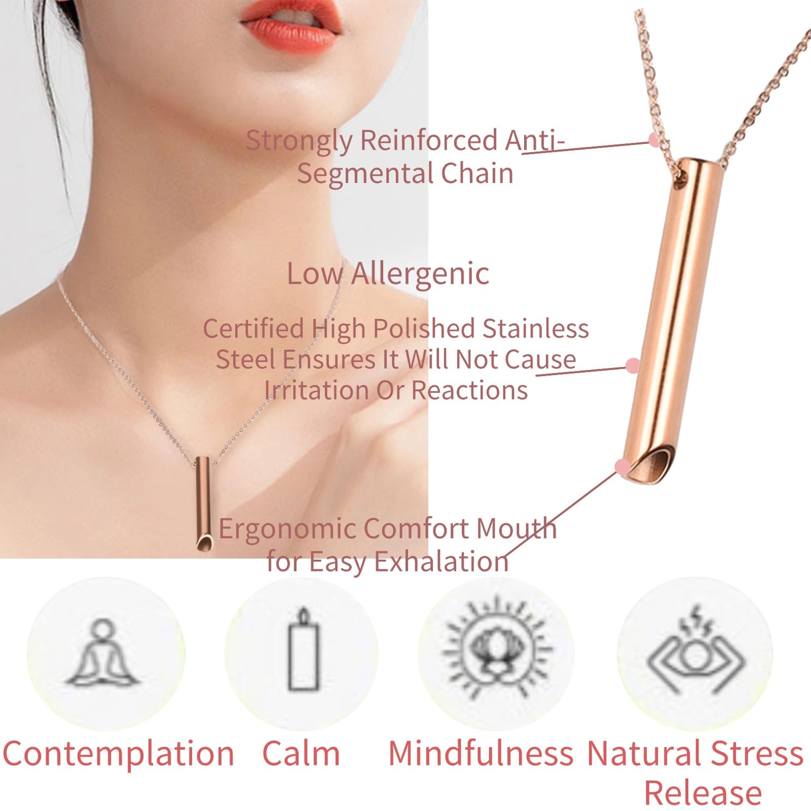 Stress Relief Mindful Ketting, Mindful Ademhaling Ketting Roestvrij Staal Vermindert Stress Draagbare Angst Fluit Ketting voor Vrouwen en Mannen (Goud