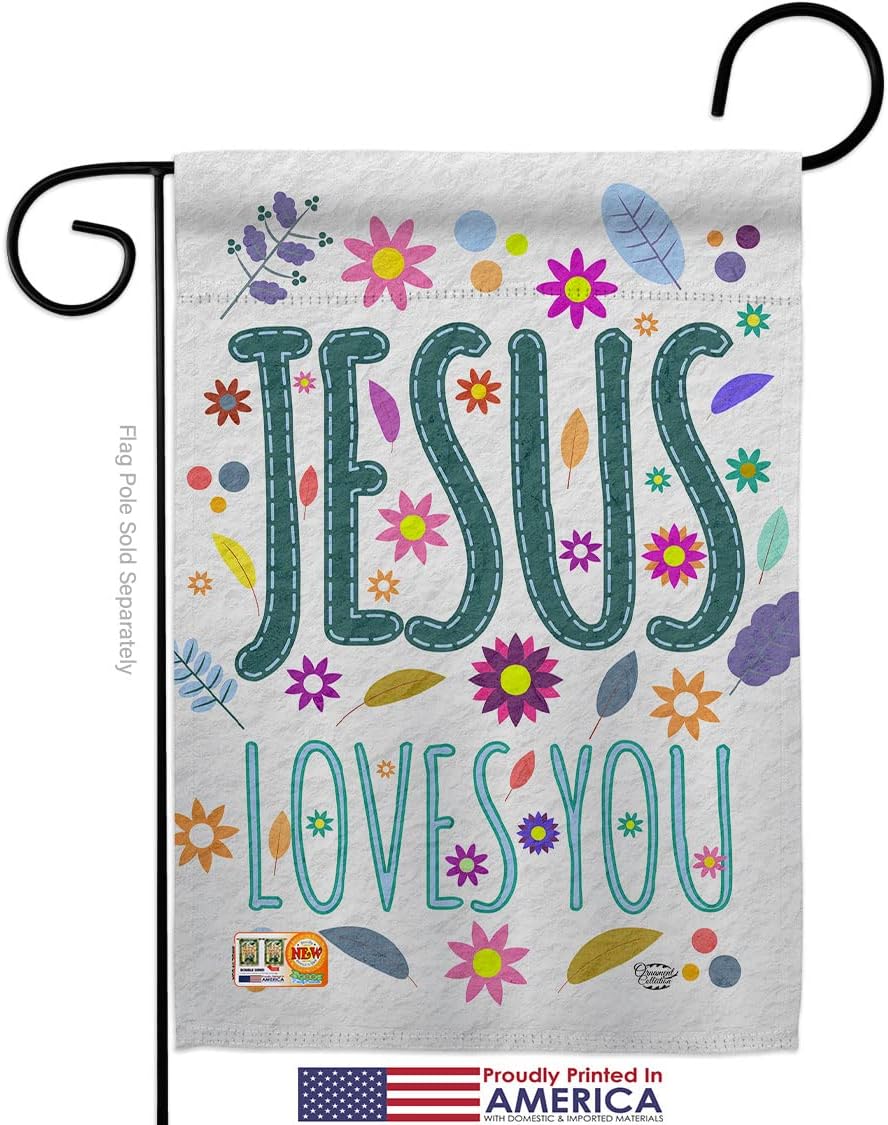 Jesus Loves You Garden Flag Set Wall Holder Religious Faith Hope Grace Peace Dove Christian Religion Easter Small Decorative Gift Yard House Banner Made In USA 13 X 18.5