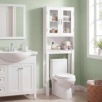 BestComfort Wooden Over The Toilet Storage Cabinet, Home Bathroom Space Saver, Double Doors, Adjustable Shelf Organizer, Open Shelf, Freestanding Rack Unit