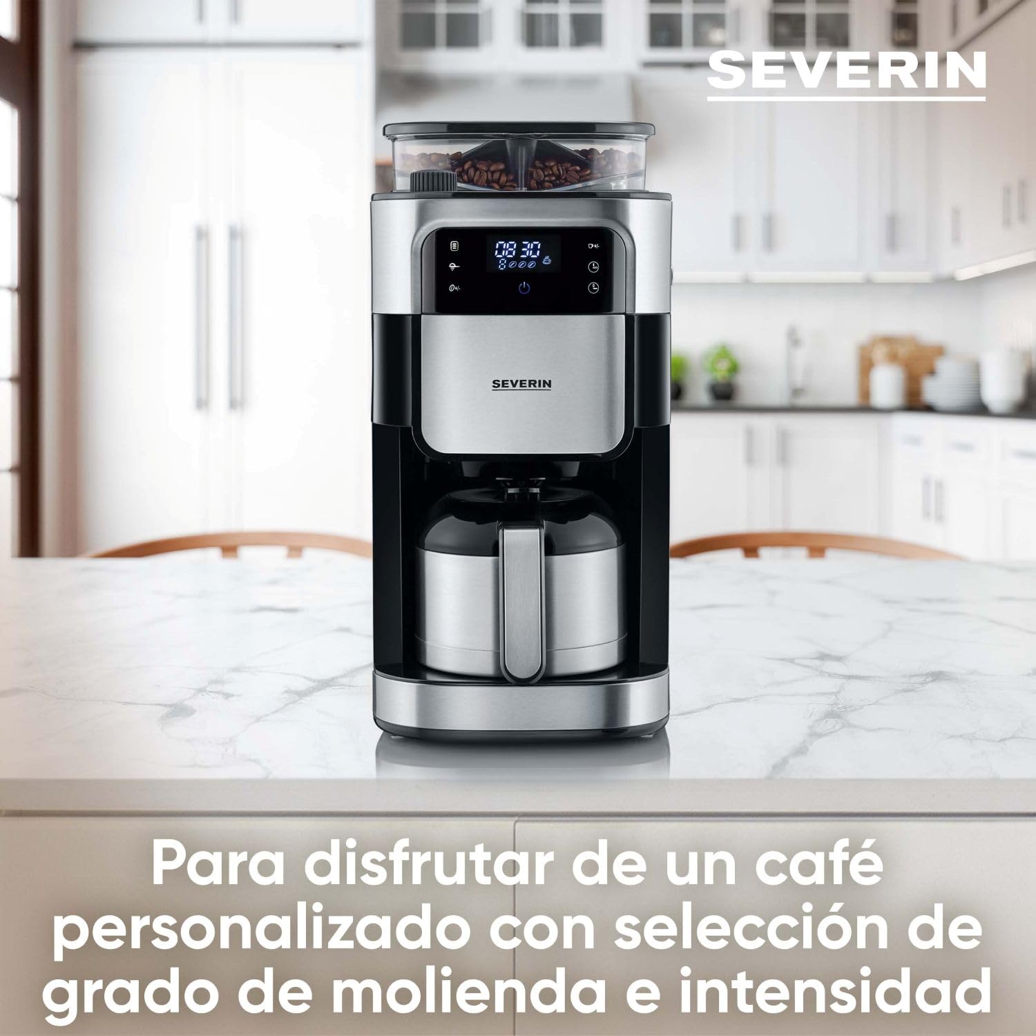 SEVERIN - Cafetera de goteo con molinillo hasta 10 tazas, Cafetera de filtro / Cafetera americana con jarra de cristal de 1l, con pantalla LED con temporizador, Acero inoxidable / Negro, KA 4814