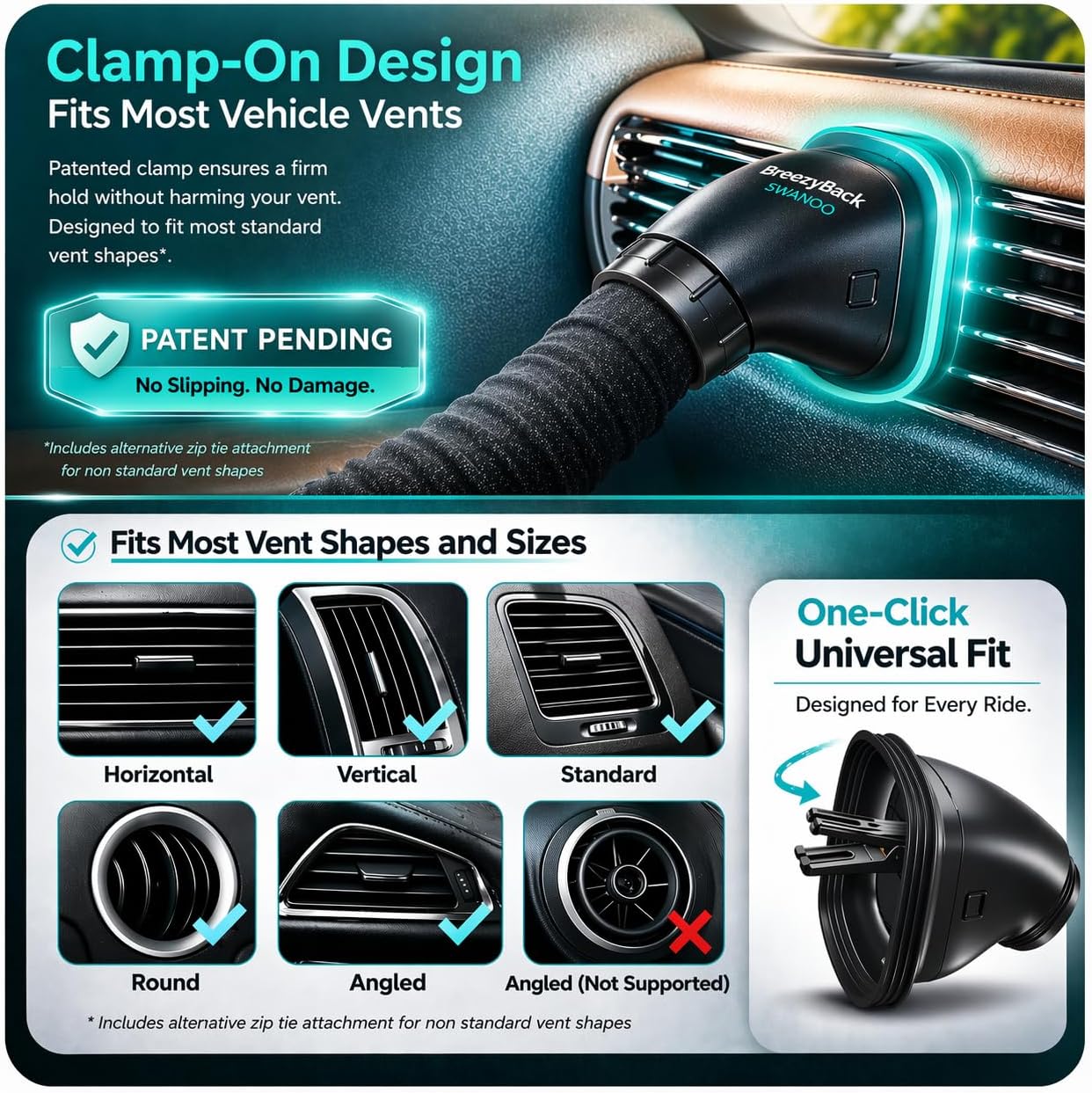 swanoo car ac vent extender | air vent hose for backseat | directs cool or hot air to kids & pets | universal fit | extends up to 10 ft | ac tube for baby car | back seat air conditioning | breezyback matte black