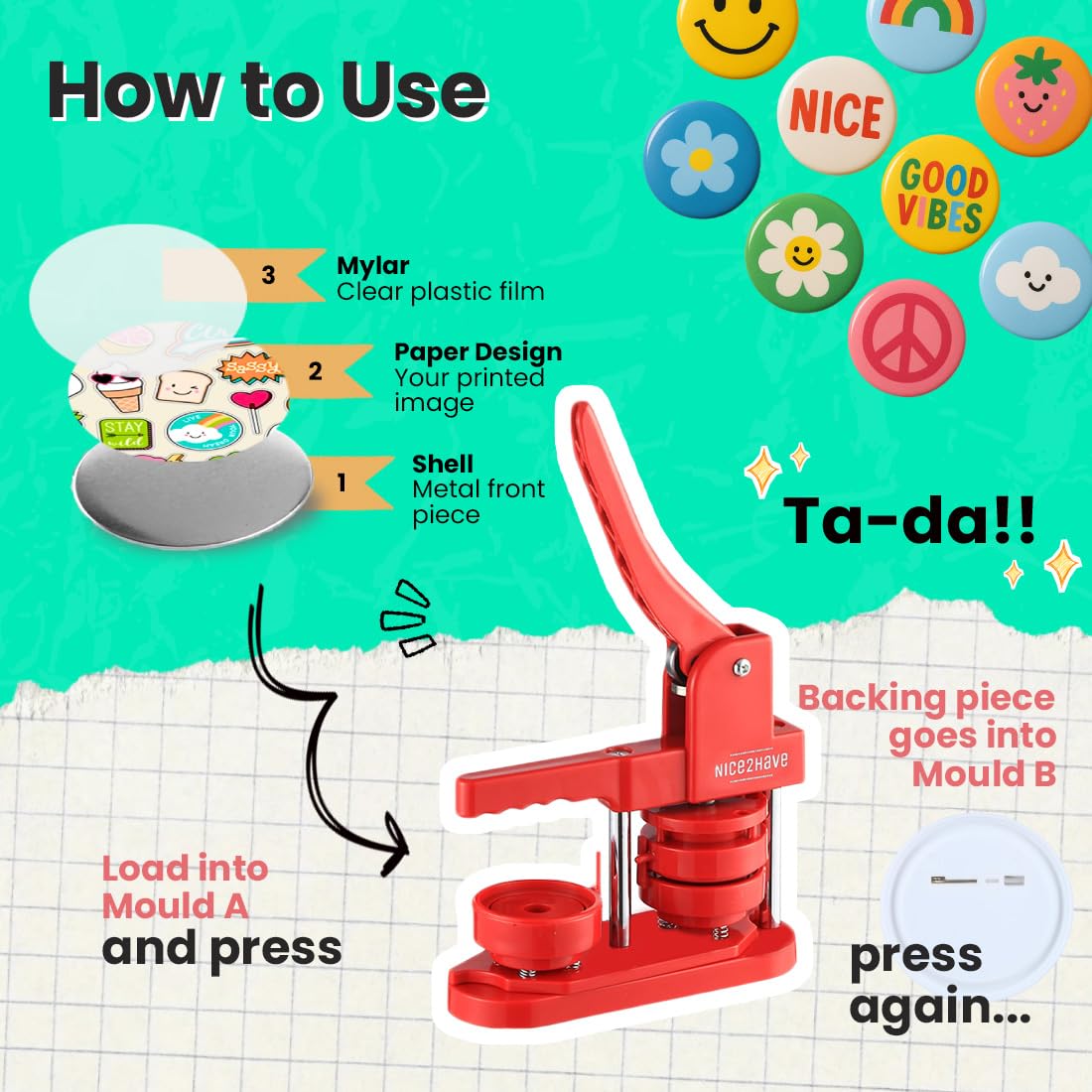 Nice2Have Máquina para hacer insignias de 58 mm (2.25 pulgadas) – (100 insignias, 5 abrebotellas, 5 imanes de nevera, más de 500 diseños, cortador circular y libro mágico) – Kit de fabricación de