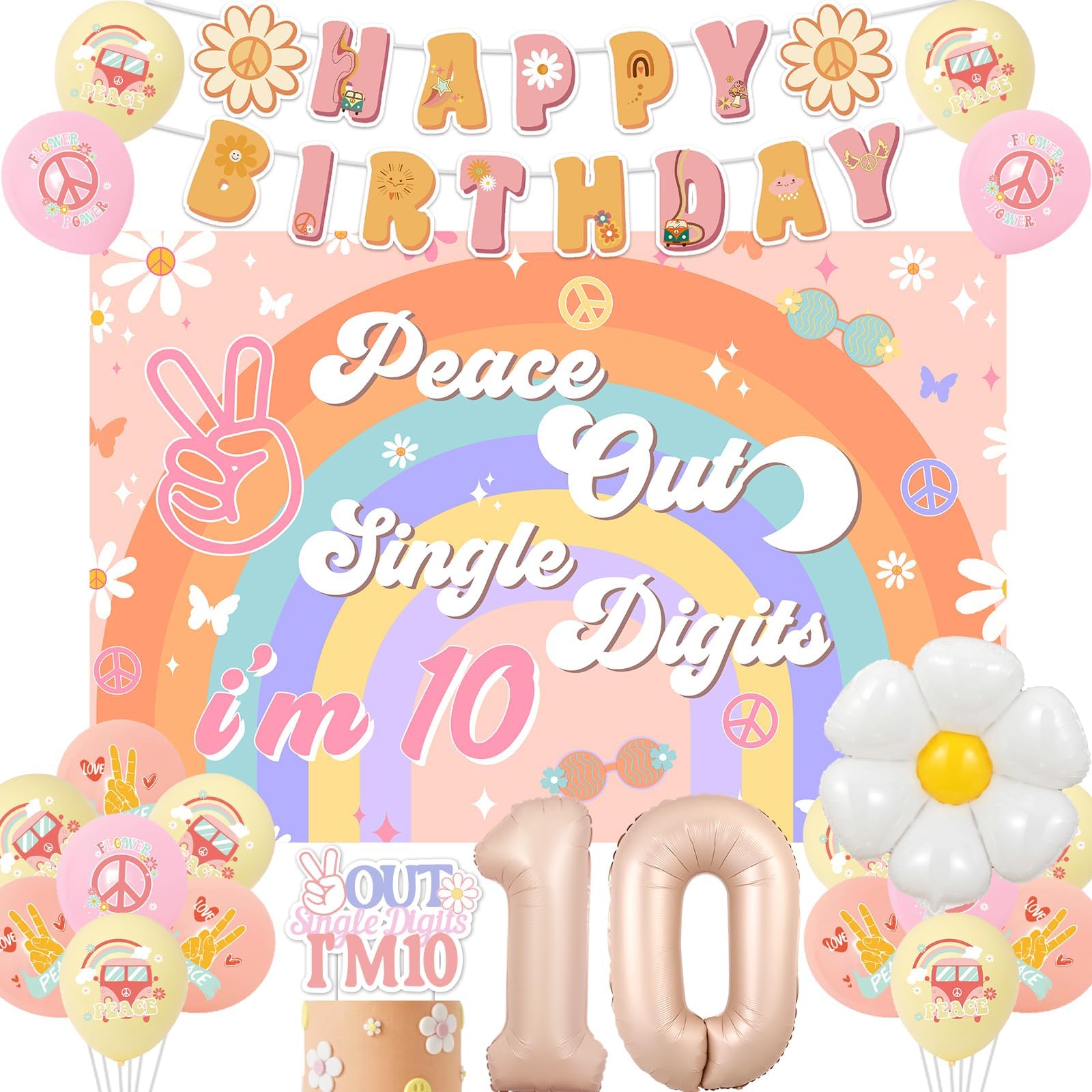 Peace Out Single Digits Party Decoration Girl, Groovy 10th Birthday Decorations Boho Happy Birthday Banner Peace Out Single Digits I’m 10 Backdrop Cake Topper Number 10 foil balloon for 10th Birthday
