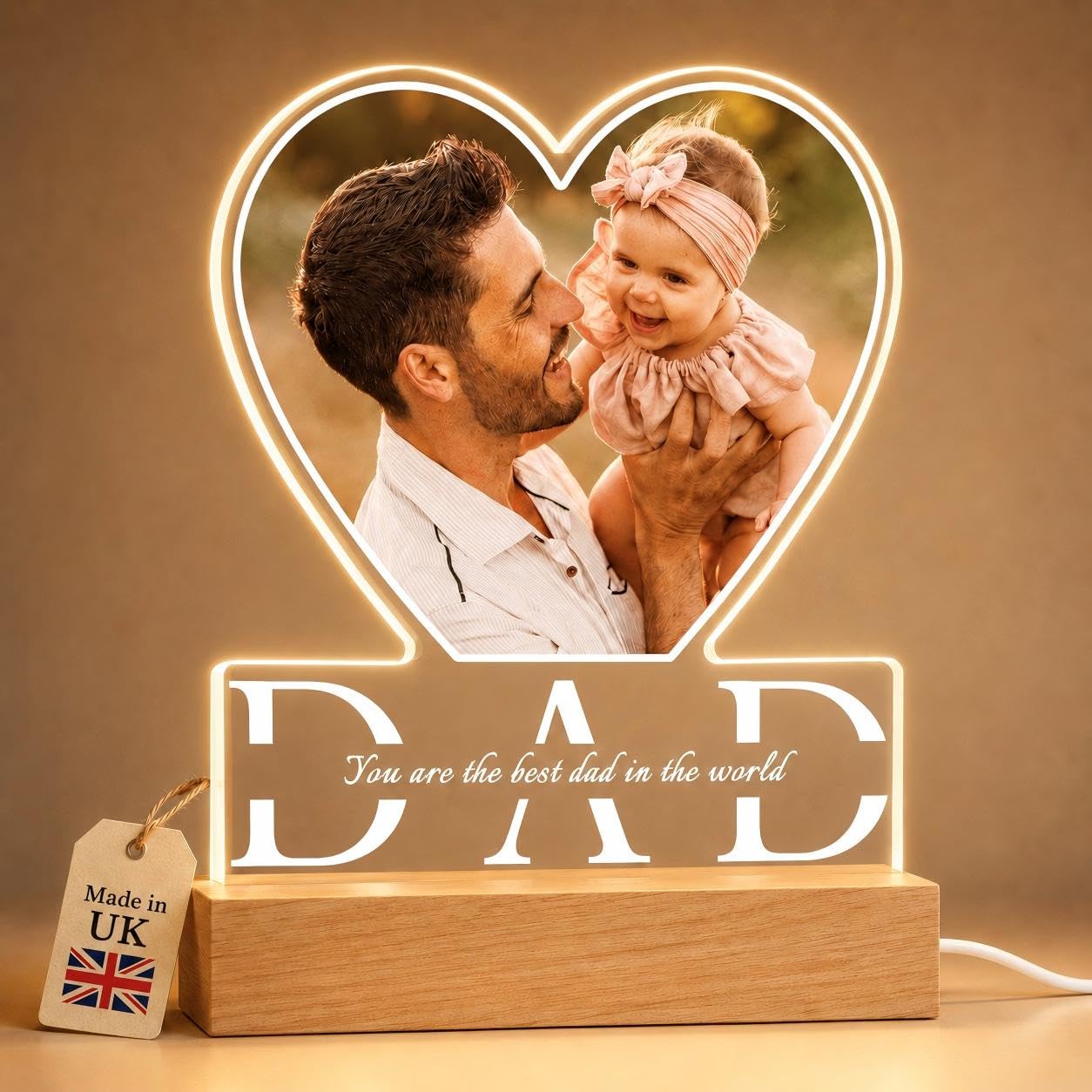 Personalised Gifts, Father’s Day Present for Dad from Daughter Son Kids Wife, Customised Photo Frame Night Light with Text, Acrylic LED Plaque, Daddy Birthday Keepsake