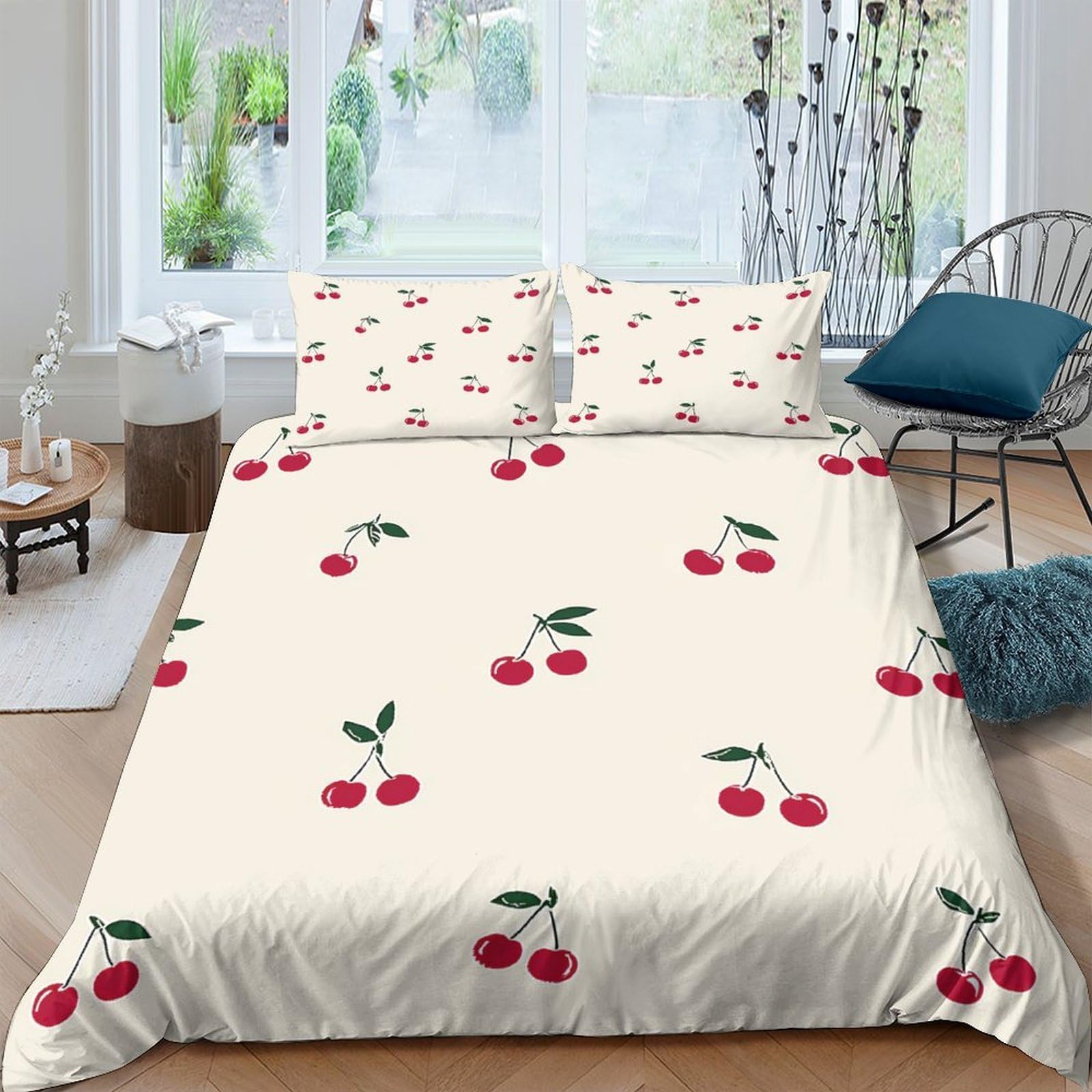 Kirschcluster 3-teiliges Reines Polyester Vintage Frucht Muster Bettbezugset, Versteckter Reißverschluss, Für Kleinkinder, Babysicher & Gifffrei, Pflegeleicht King（220x240cm）