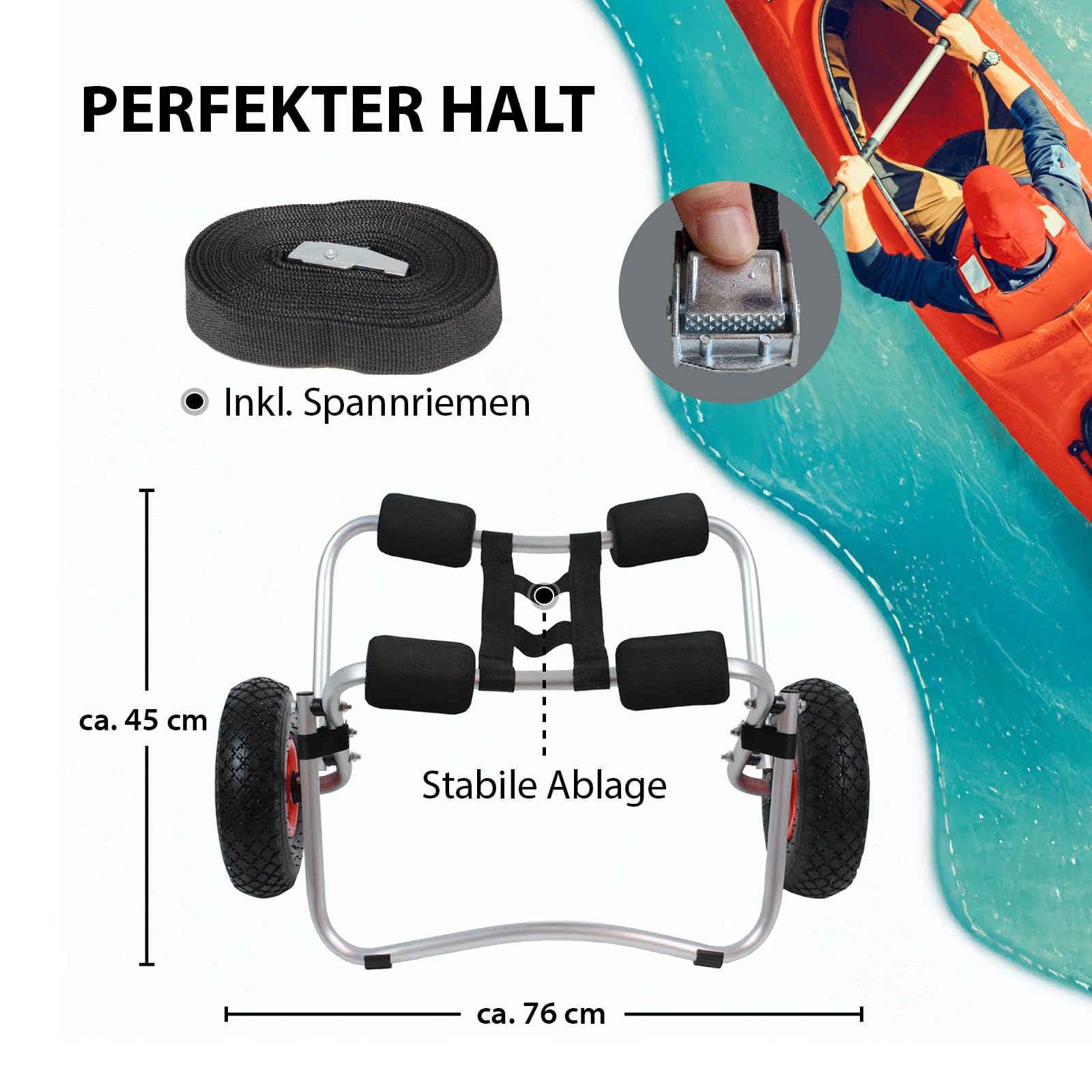 TRUTZHOLM Kajakwagen klappbar aus Aluminium mit Schaumstoff-Polsterung Lufträder Kanuwagen bis 80 kg Transportwagen für Wassersportgeräte Kajakwagen SUP Wagen Bootswagen Surfwagen inkl. Spannriemen