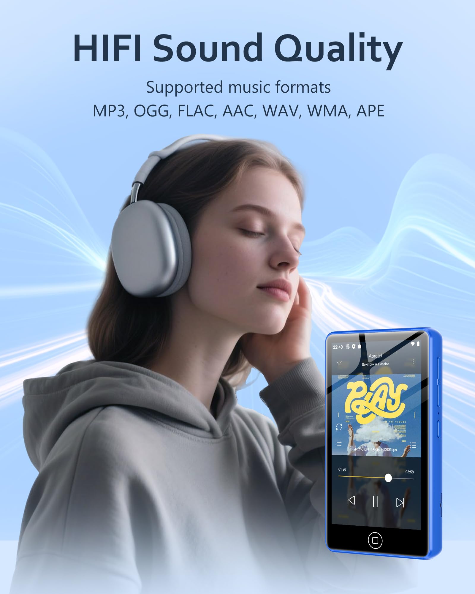 Lettore MP3 Spotify 144 GB con Bluetooth e WiFi, AGXOV MP4 Lettore Musicale con Schermo Touchscreen da 4,02 Pollici, MP3 Android Portatile con Audible, Deezer, Play Store, Blu
