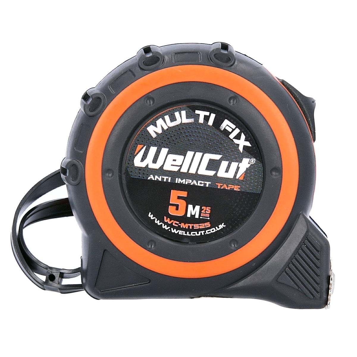Wellcut Mètre ruban professionnel rétractable - Mètre ruban magnétique - 5 m - 25 mm de large - Système Multifix - Clip de ceinture en métal - Noir/orange