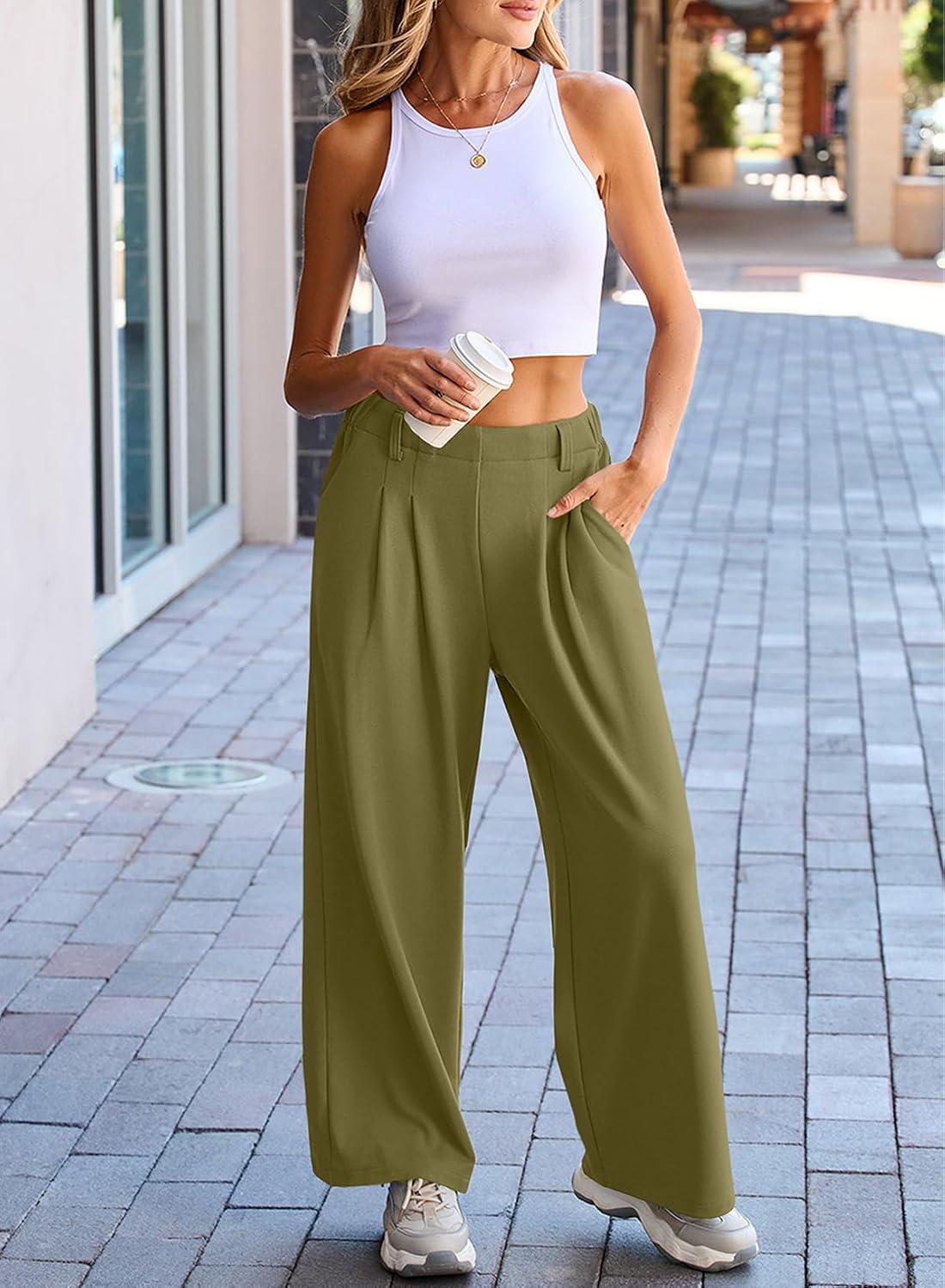 EVALESS Women's Fleece Lined Pants Wide Leg Waffle Knit with Pockets image 5