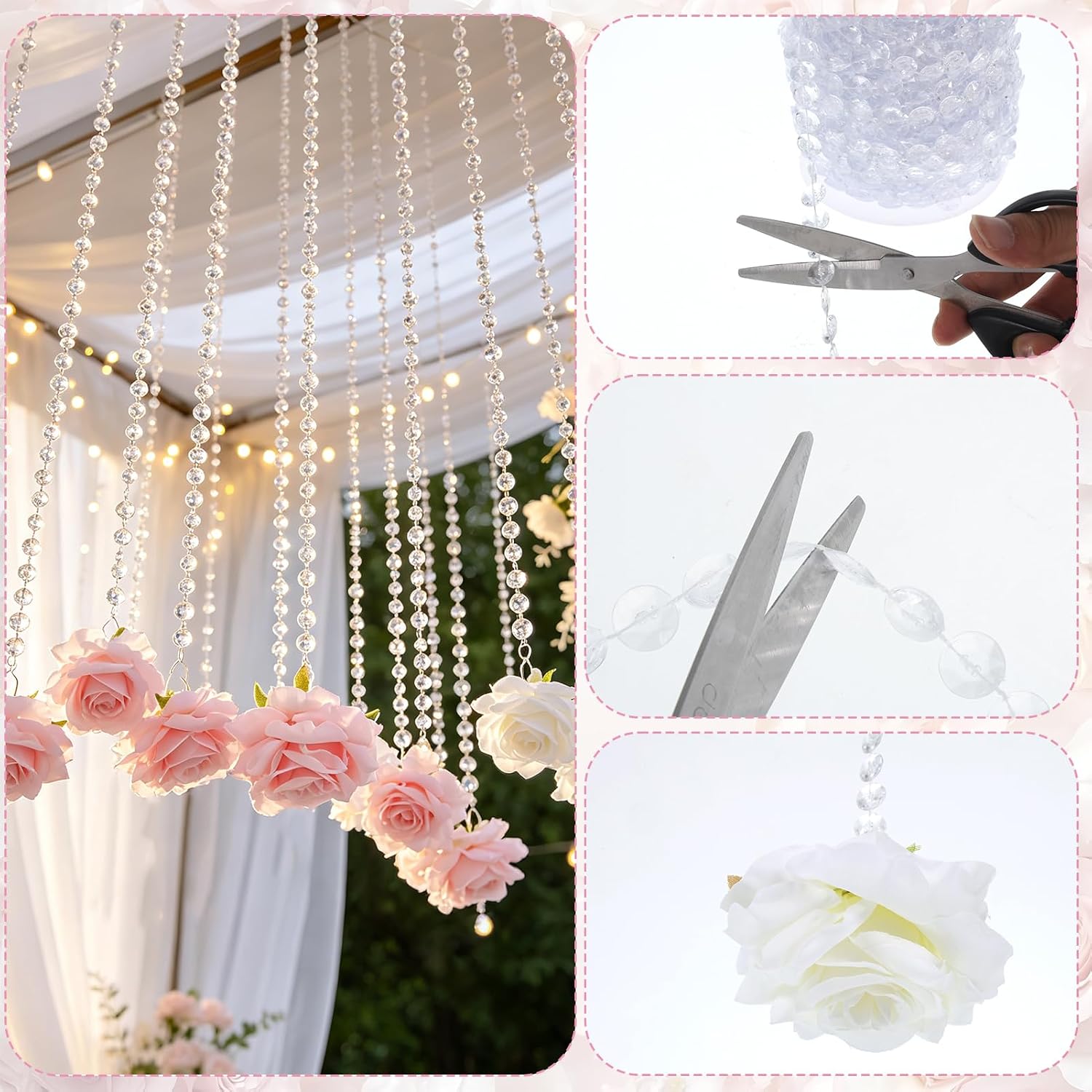 6Pcs Artificial Wedding Rose with 98Ft Crystal Beaded String Garland,Length Adjustable Rose Flower Decor for Wedding Party Valentine's Day image 5