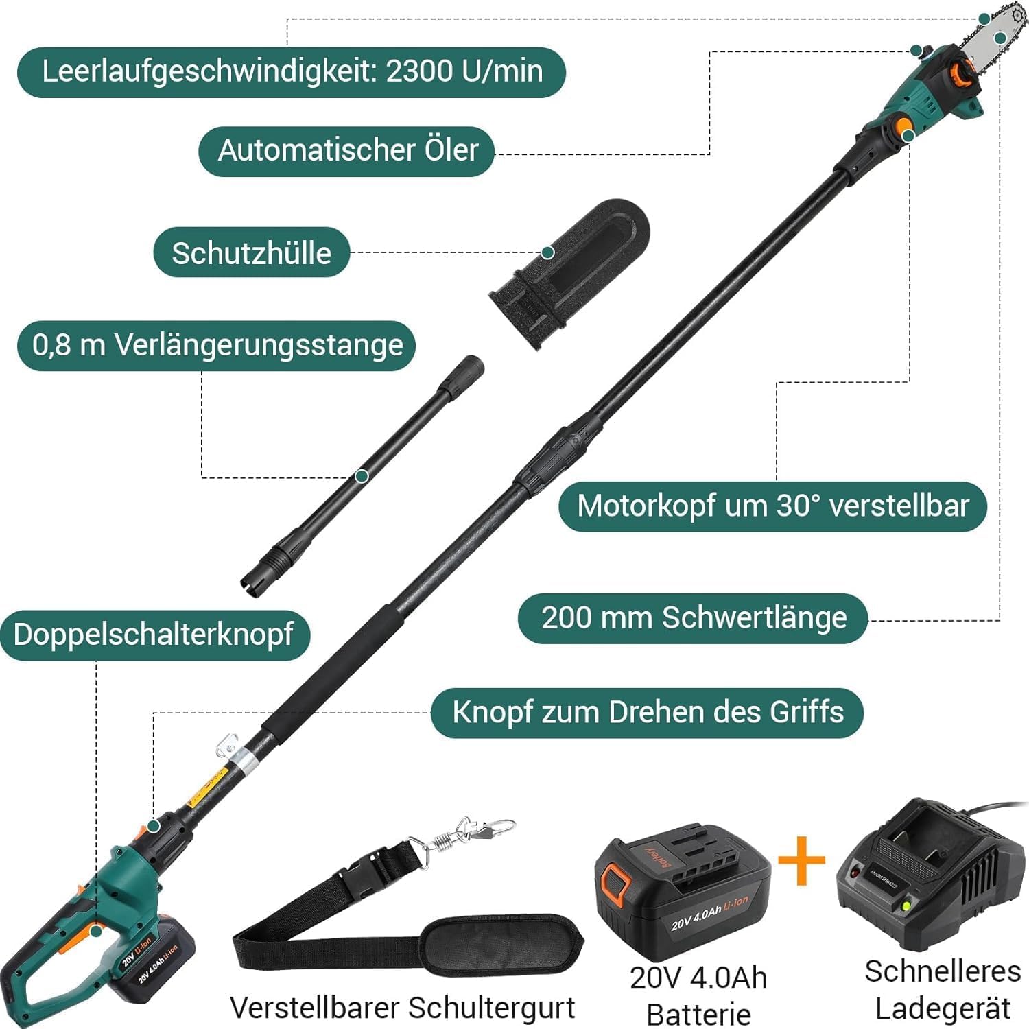 Elektrischer Akku Hochschneider Teleskop Astsäge, 20V 4,0Ah Li-Ion Akku/Ladegerät, 20cm Klingenlänge, 5m/s Kettengeschwindigkeit, Motorkopf 30°