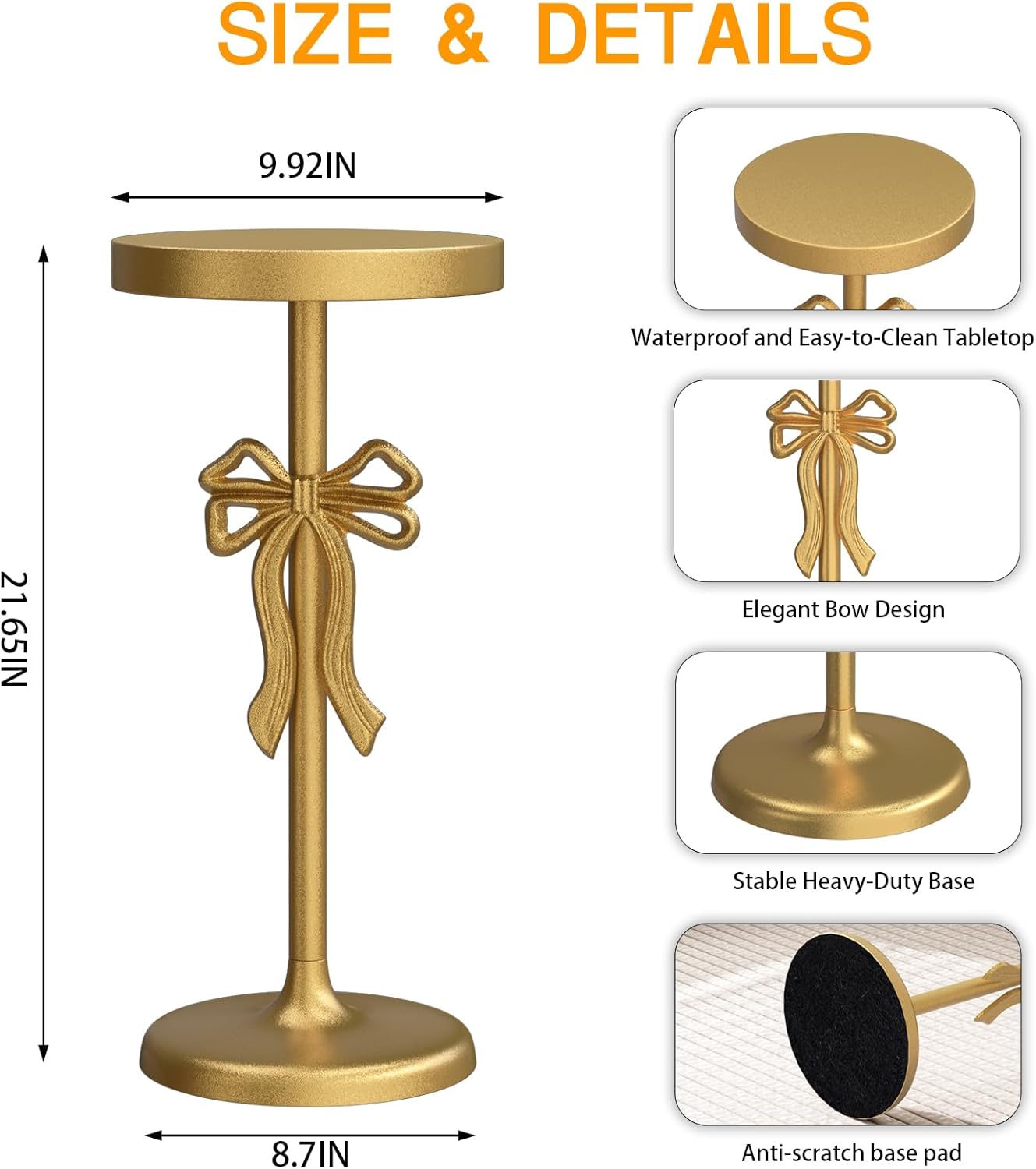 Gold Drink Table, Metal Martini Side Table - 9.9" x21.7'', Gold Small Accent Table with Bow Decoration, Pedestal End Table for Small Spaces