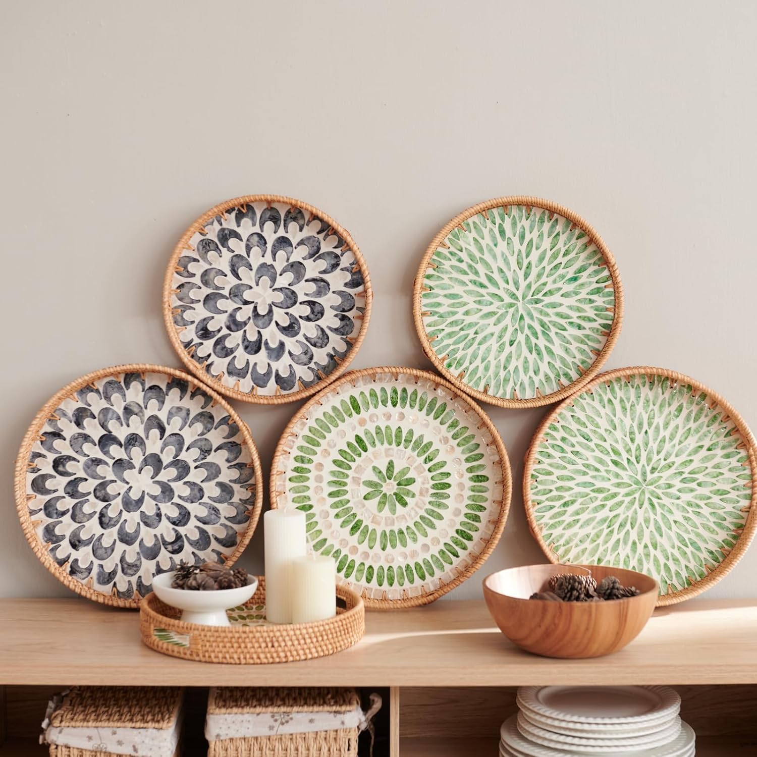 YANGQIHOME Round Serving Tray with Handle, Rattan Tray with Decorative Mother of Pearl Inlay, Round Wicker Trays for Home Decor, Coffee Table, Gifts, Dining,13.8 inch - Image 6