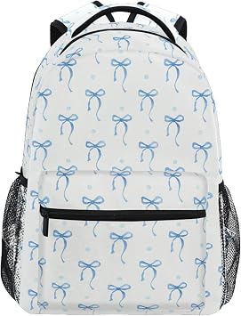 Wamika Blue Bowknot Backpack for School Cute Bow Ribbon Girls Boys Backpack Bookbag Kids Children Teens Backpacks for Age 6-16 M