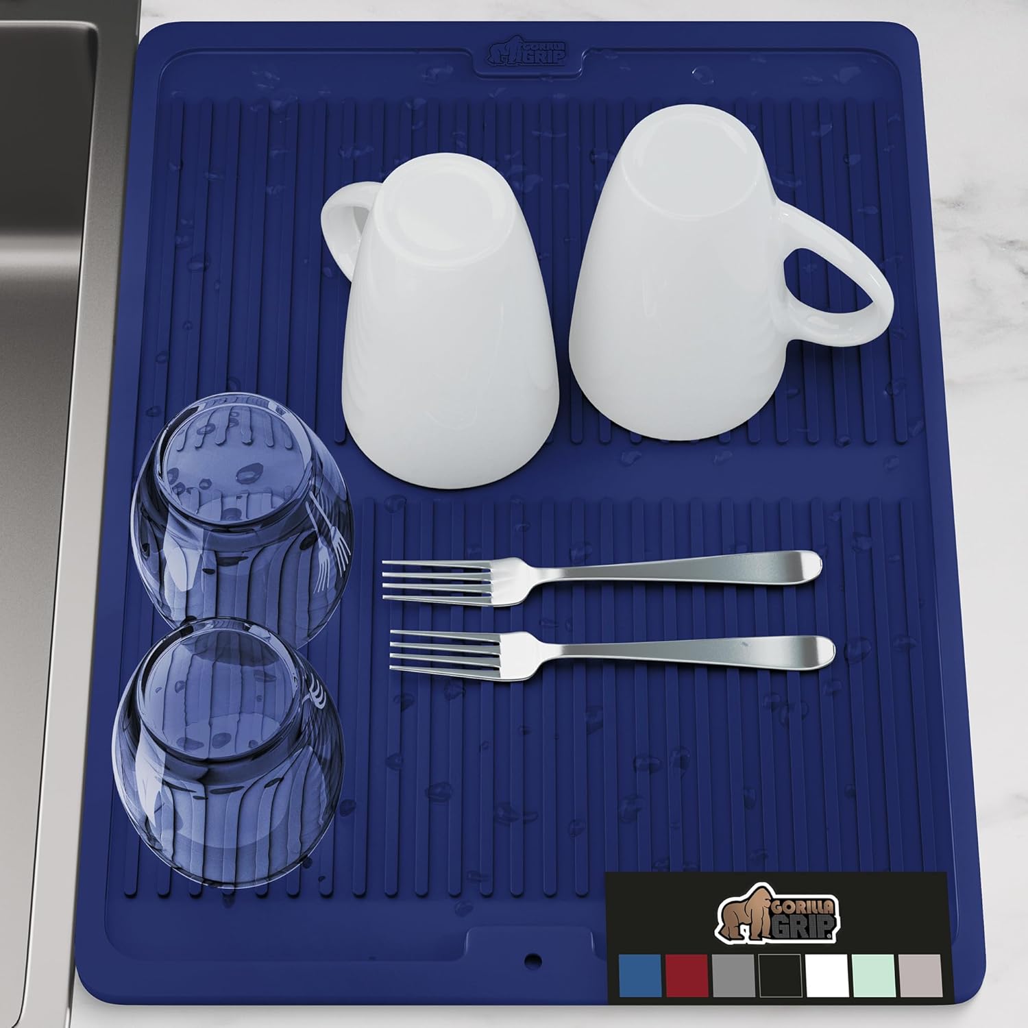 GORILLA GRIP 100% BPA-Free Patented Silicone Dish Drying Mat for Kitchen Counter, Water Catching Ribbed Design, Easy Clean Waterproof Sink Liner, Heat Resistant, Fits Under Rack, 16×12 Inch, Blue