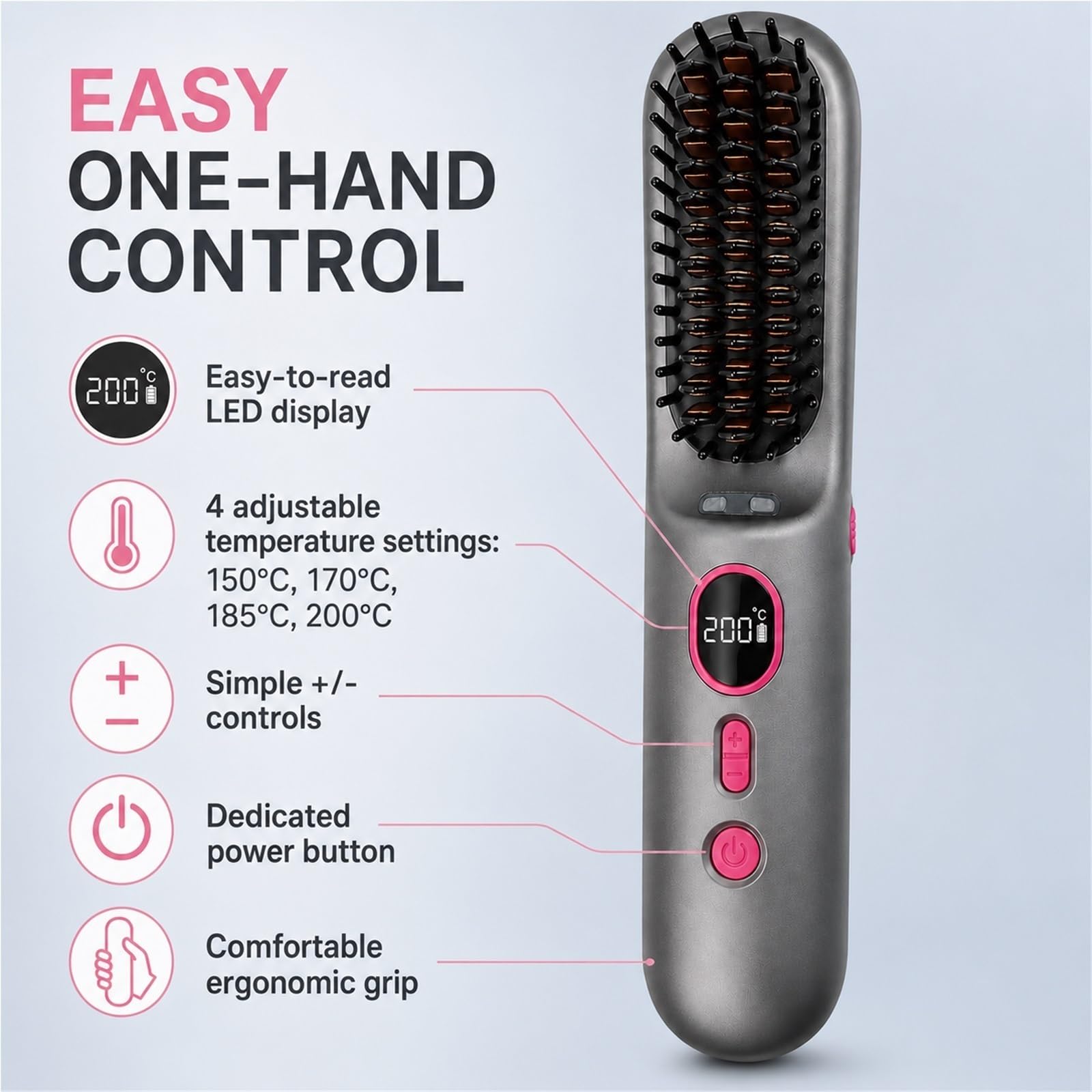 Cepillo Alisador de Pelo Inalámbrico Portátil 9000mAh Plancha de Pelo Profesional con Pantalla LED Temperatura Real 4 Niveles hasta 200°C Carga USB-C para Viajes