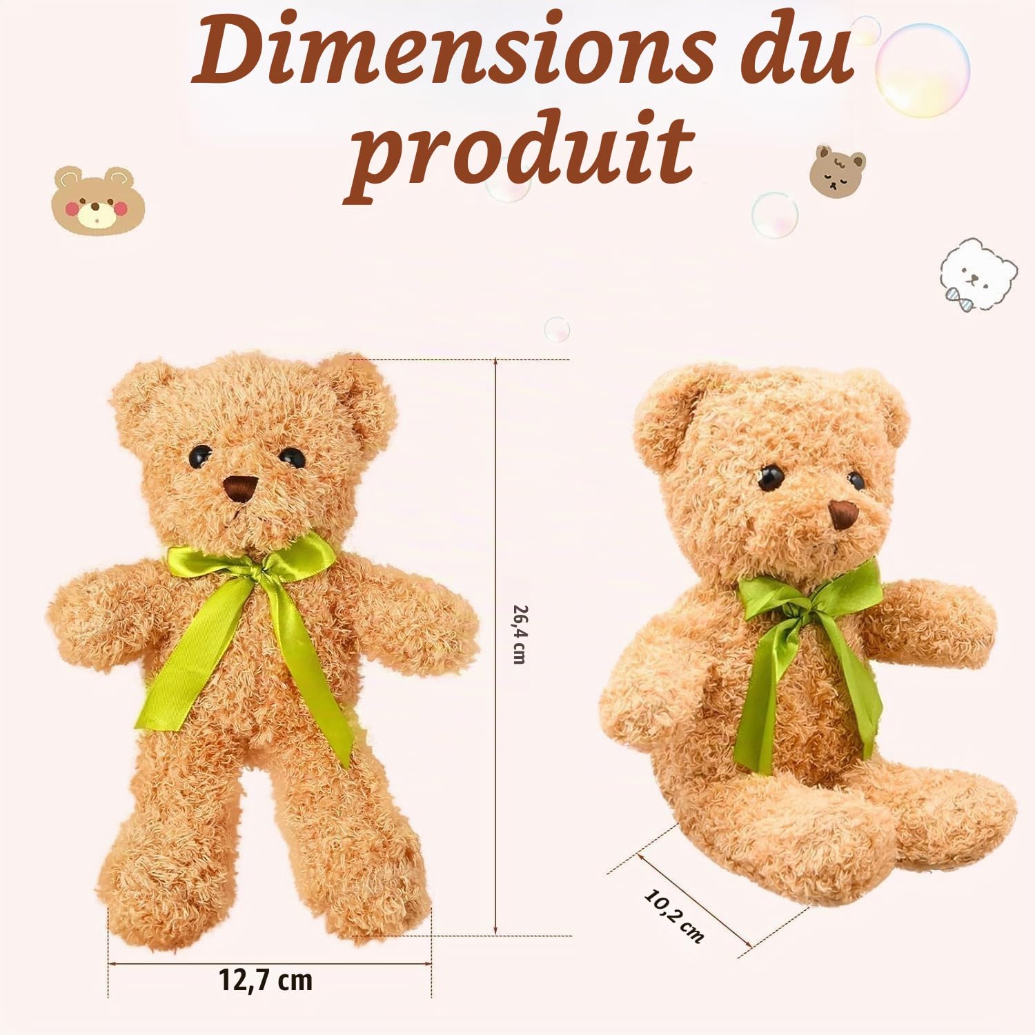 MALLOOM 10 pièces de Petits Ours en Peluche avec nœuds détachables, Ours en Peluche de 25 cm, Jouets en Peluches pour fête prénatale, Cadeau d’Anniversaire, décorations de fête (Kaki, Blanc)