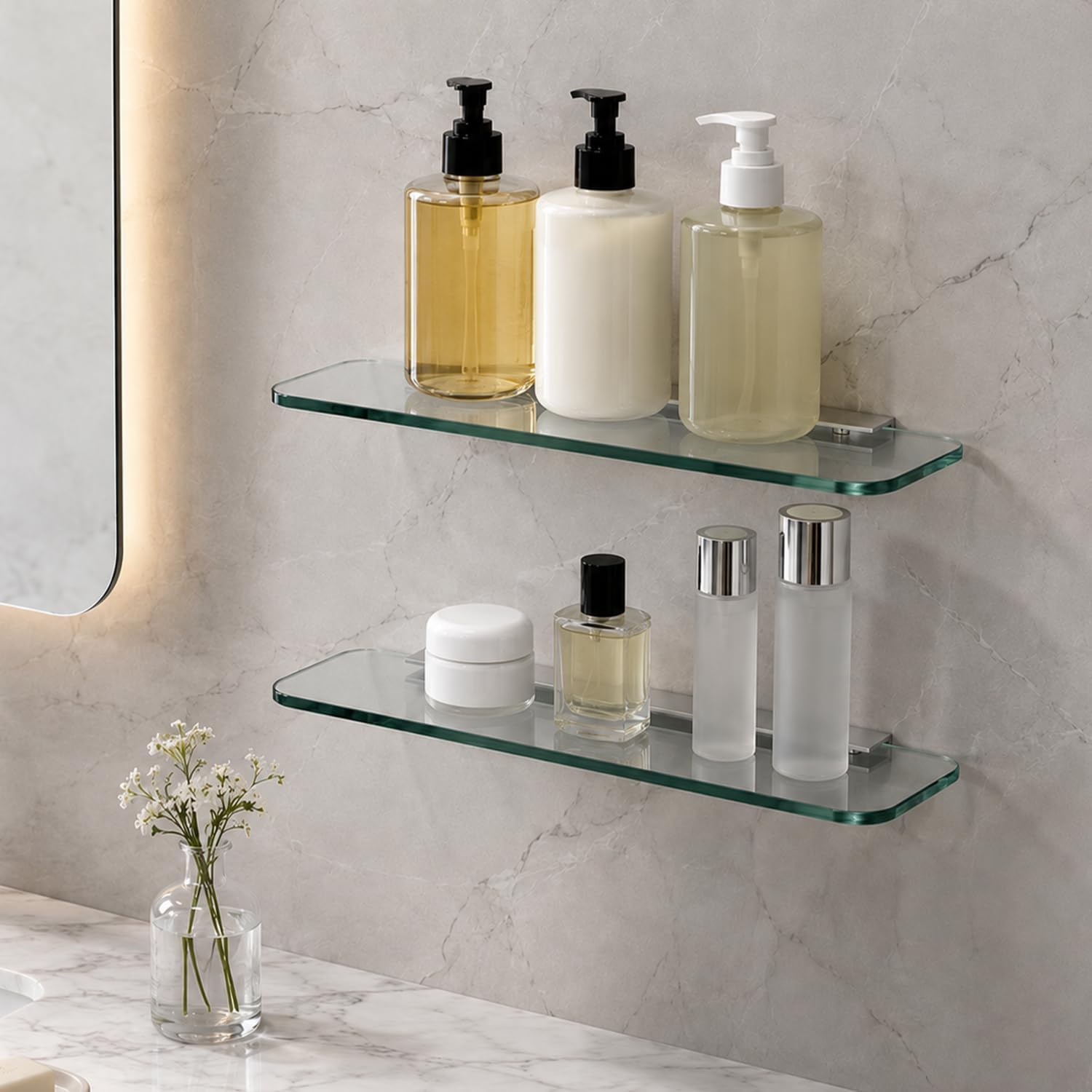 11.81″Tempered Glass Floating Shelf with 7.87″Bracket 6MM Thick Wall Mounted Waterproof Glass Shelf Drilling Bathroom Shelf for Bathroom Kitchen Home Decor (1 PC) image 4