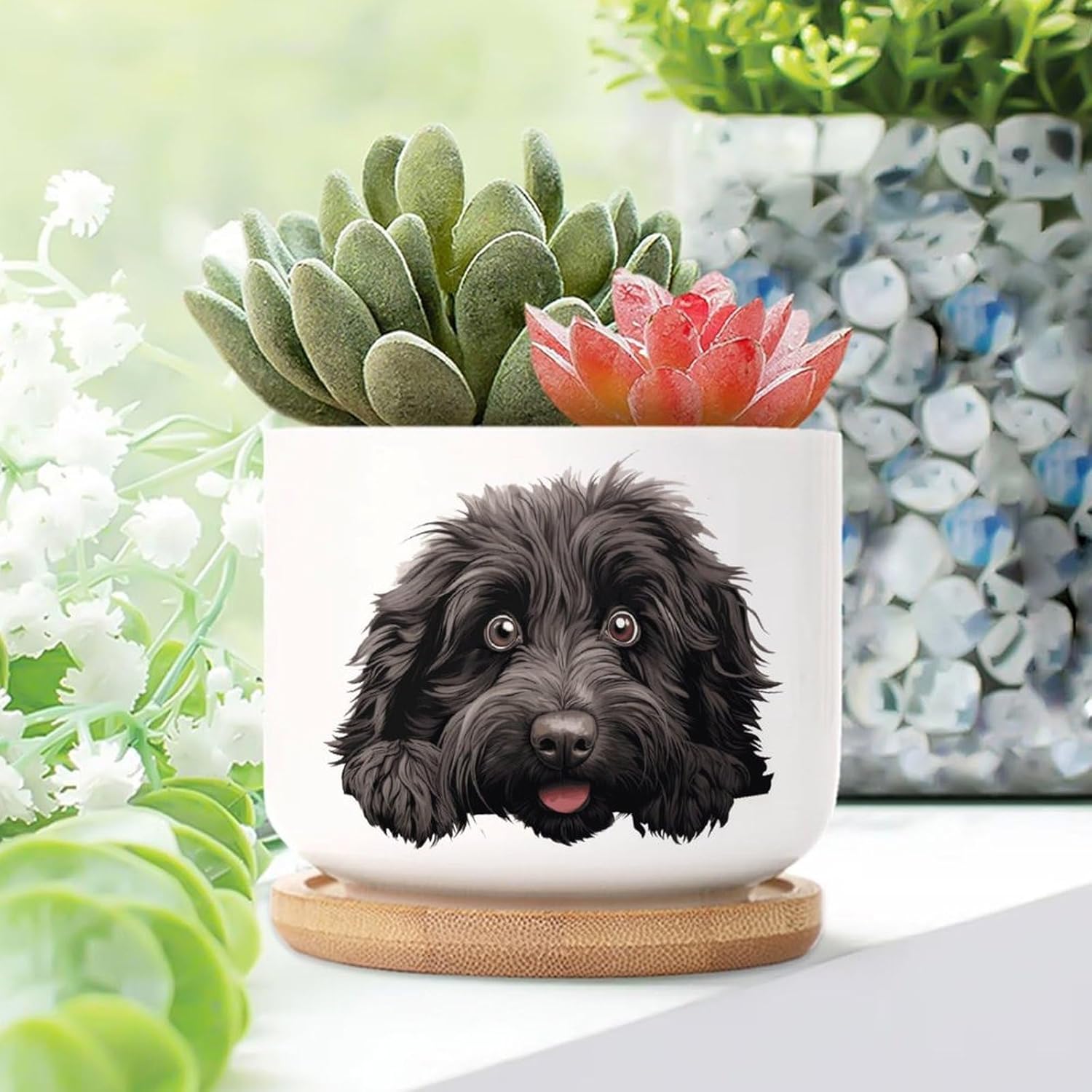 Puli Ceramic Pots for Plants Set of 3 Puli Cute Funny Peeking Dog Puppy Succulent Planters with Drainage Bamboo Trays Dog Lover Gift Small Ceramic Pots for Plants