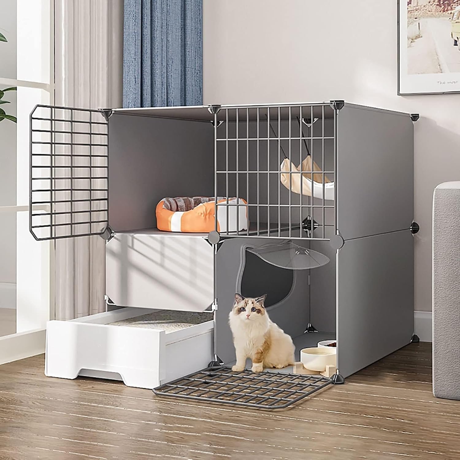 Indoor Cat Cage with Litter Box, Gray DIY Metal Cat Enclosure for 1–3 Cats, Small Pet Crate with Hammock & Nest(Color : Gray, Size : 75x49x73cm)(Purple,75x49x73cm)