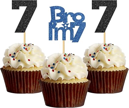 Bro Im 7 Cupcake Toppers - Boy Seven Years Old Bithday - Happy 7th Birthday Party Decoration Supplies Black Blue Glitter - 24 Pcs
