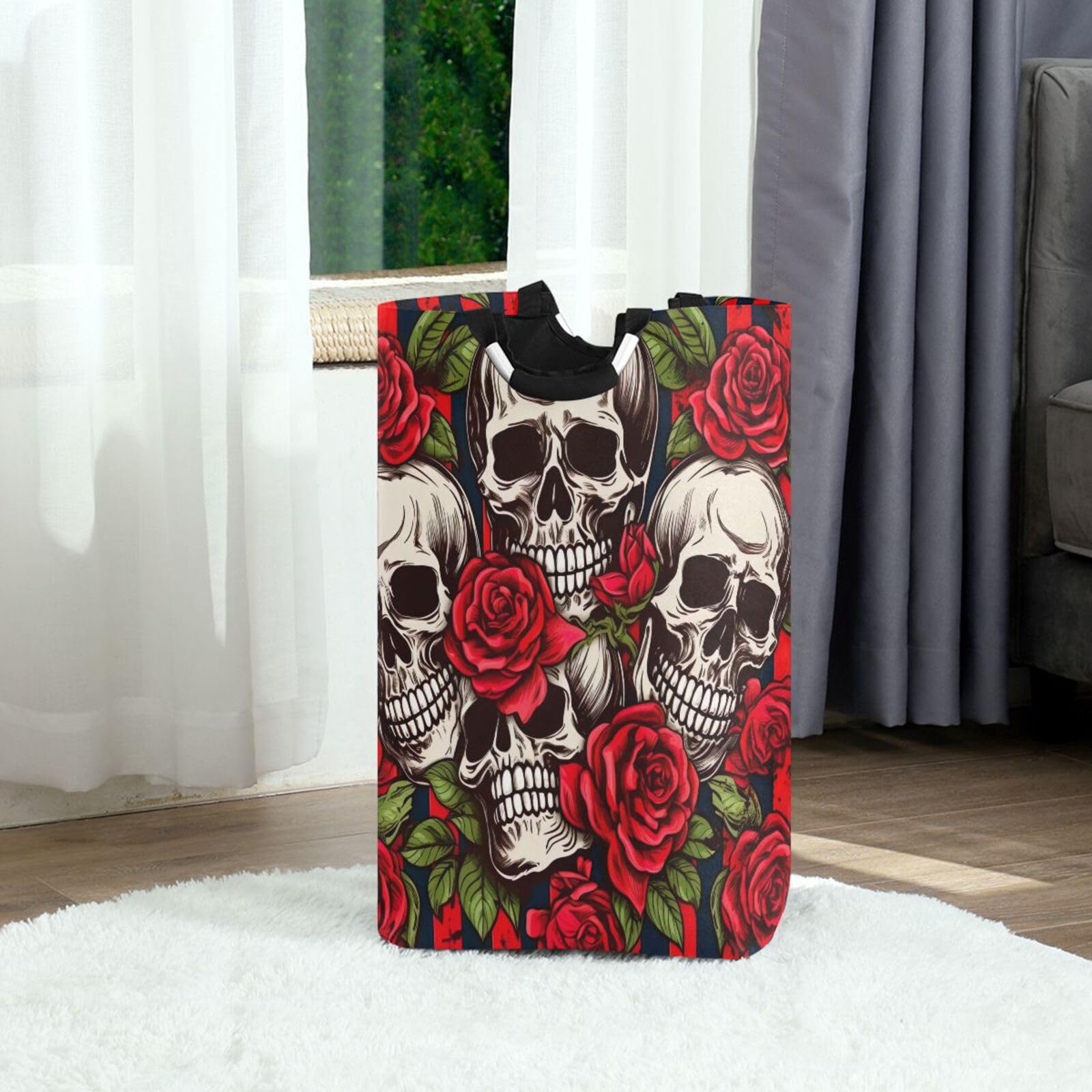 Jihqo Laundry Hamper Basket Roses Skulls Collapsible Nursery Storage Bin Waterproof Clothing Baskets for Home Bedroom Bathroom Washing Room