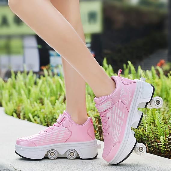 Roller Skate Shoes Kids, 2 In1 Multifunctional Deformation Shoes with 2 rows of Deformation Wheels, Unisex Adult Outdoor Sports Skateboarding Shoes, Pink-27cm