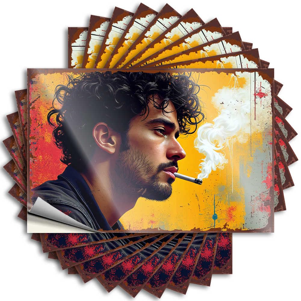 Fzfn Colour Smoking Man With Curly Hair Against Abstract Background Rock Tattoos | Farmhouse Outdoor Decor Waterproof Vinyl Bottle Paw Removable Decal Peel Stick(12X18cm)