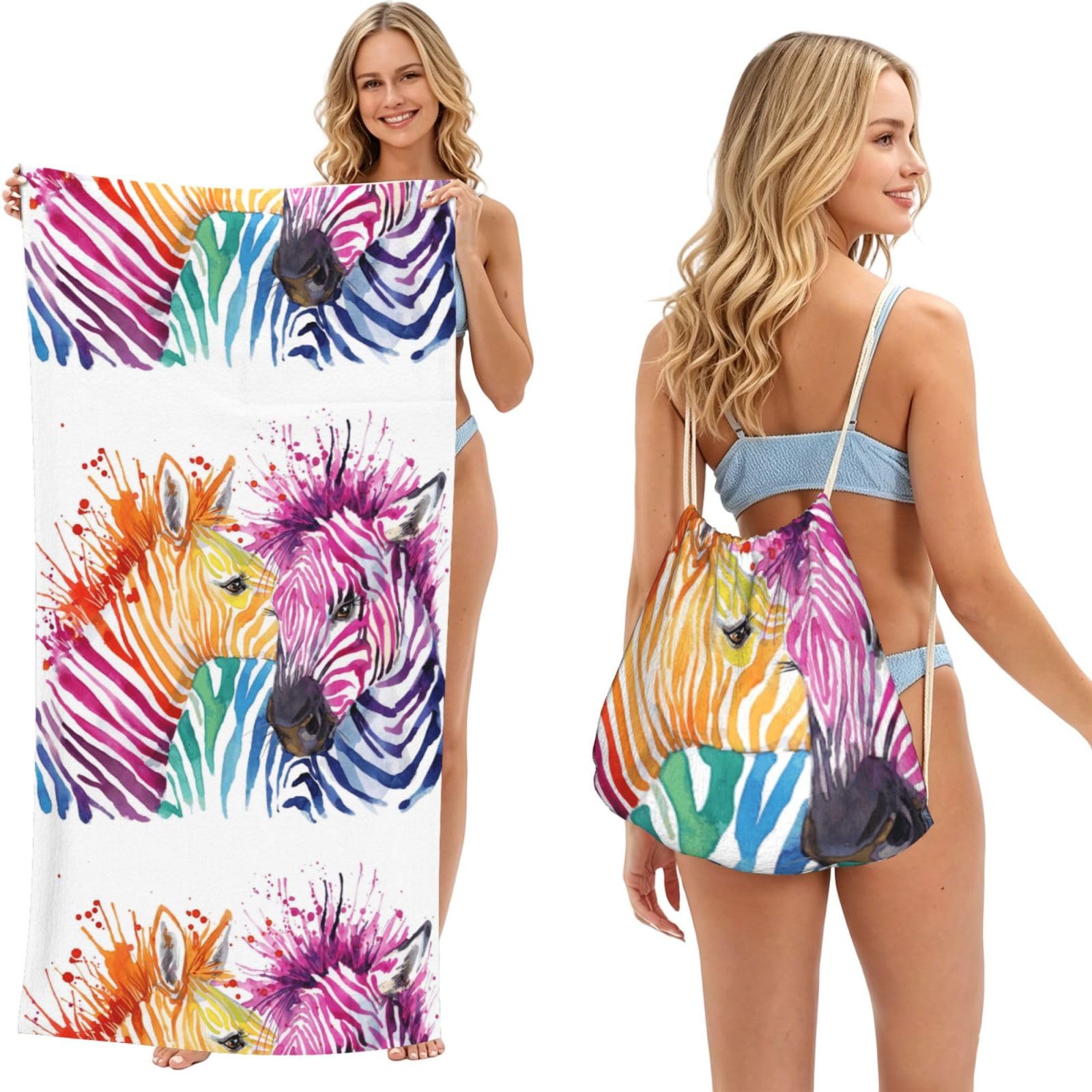 Poadnly As Picture Rainbow Zebra, 2 In 1 Packable Towel Bag, Beach Towels With Drawstring Backpack For Travel Holiday Camping