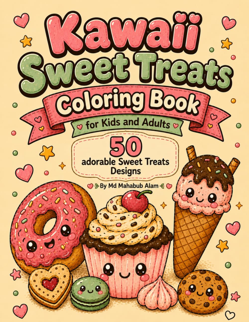 Kawaii Sweet Treats Coloring Book: Bold and Easy Coloring Pages with Cute Cupcakes, Donuts, Ice Creams, and Bakery Sweets for Kids and Adults