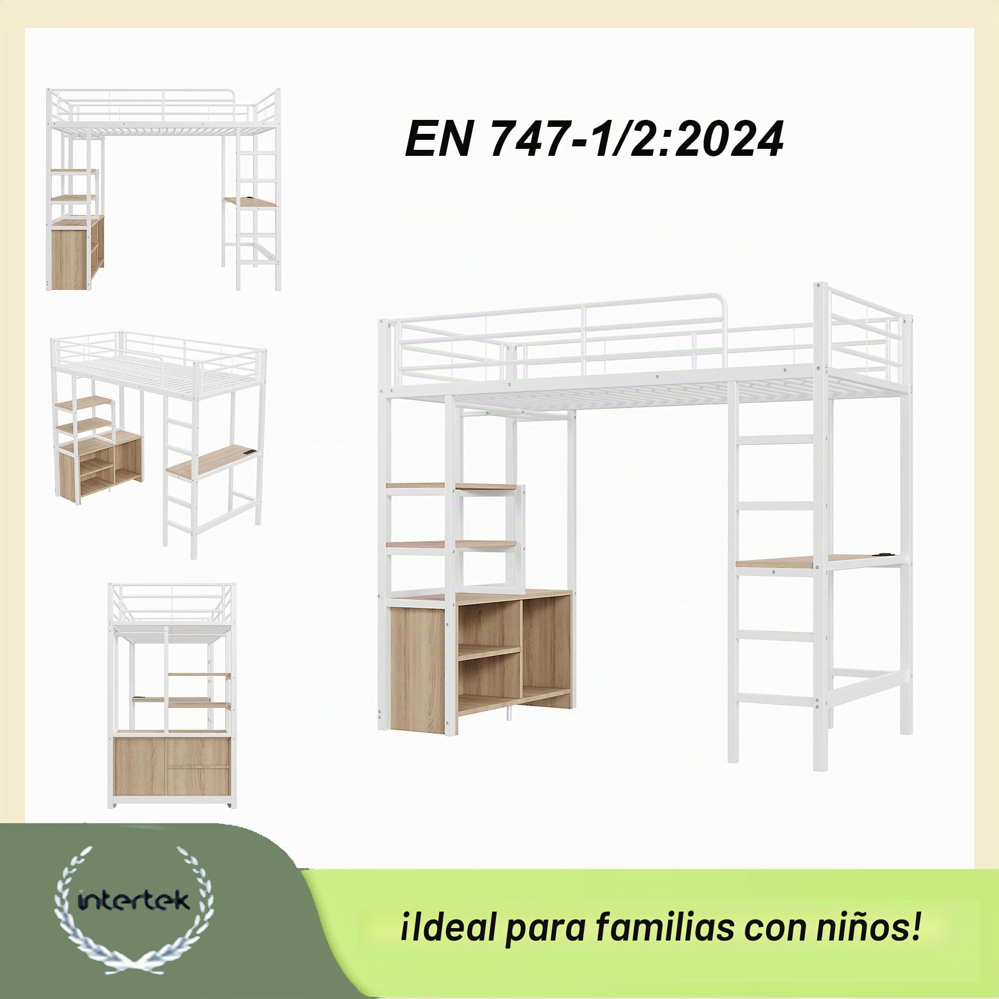 Azkoeesy Cama alta de metal con escritorio, 90 x 200 cm, multifunción, cama individual, cama juvenil, con barra de ropa, estante de almacenamiento, enchufe, color blanco
